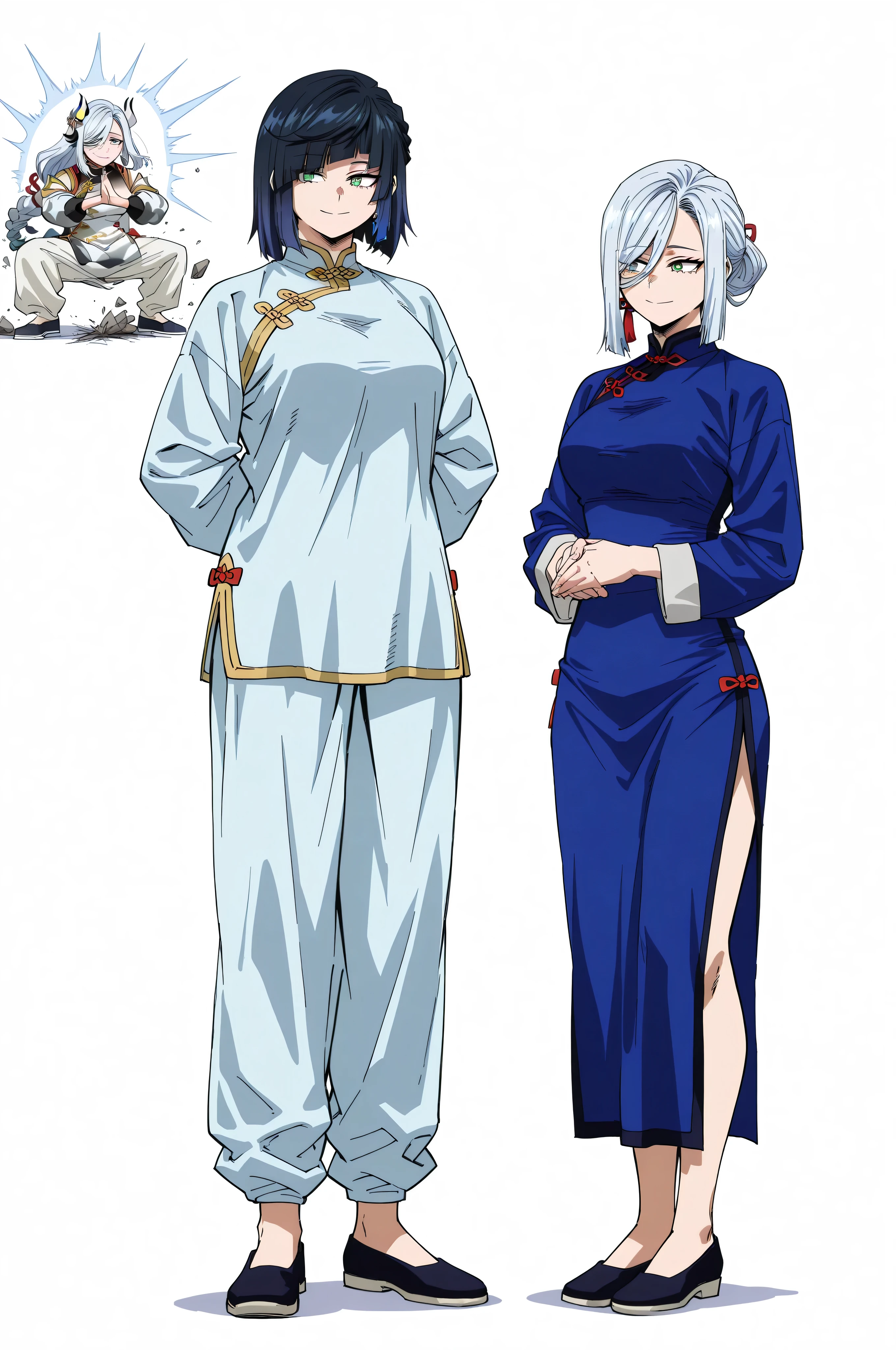 boku_no_hero_academia_style,score_9_up, score_8_up, BREAK, KungFuUniform, 2girl, multiple girls, white hair, black hair, grey eyes, green eyes, chinese clothes, mature, white background, blue dress, no pants,  mature, smile, hair between eyes, wife, full body, white pants, black footwear, shenhe, yelan, same height,
