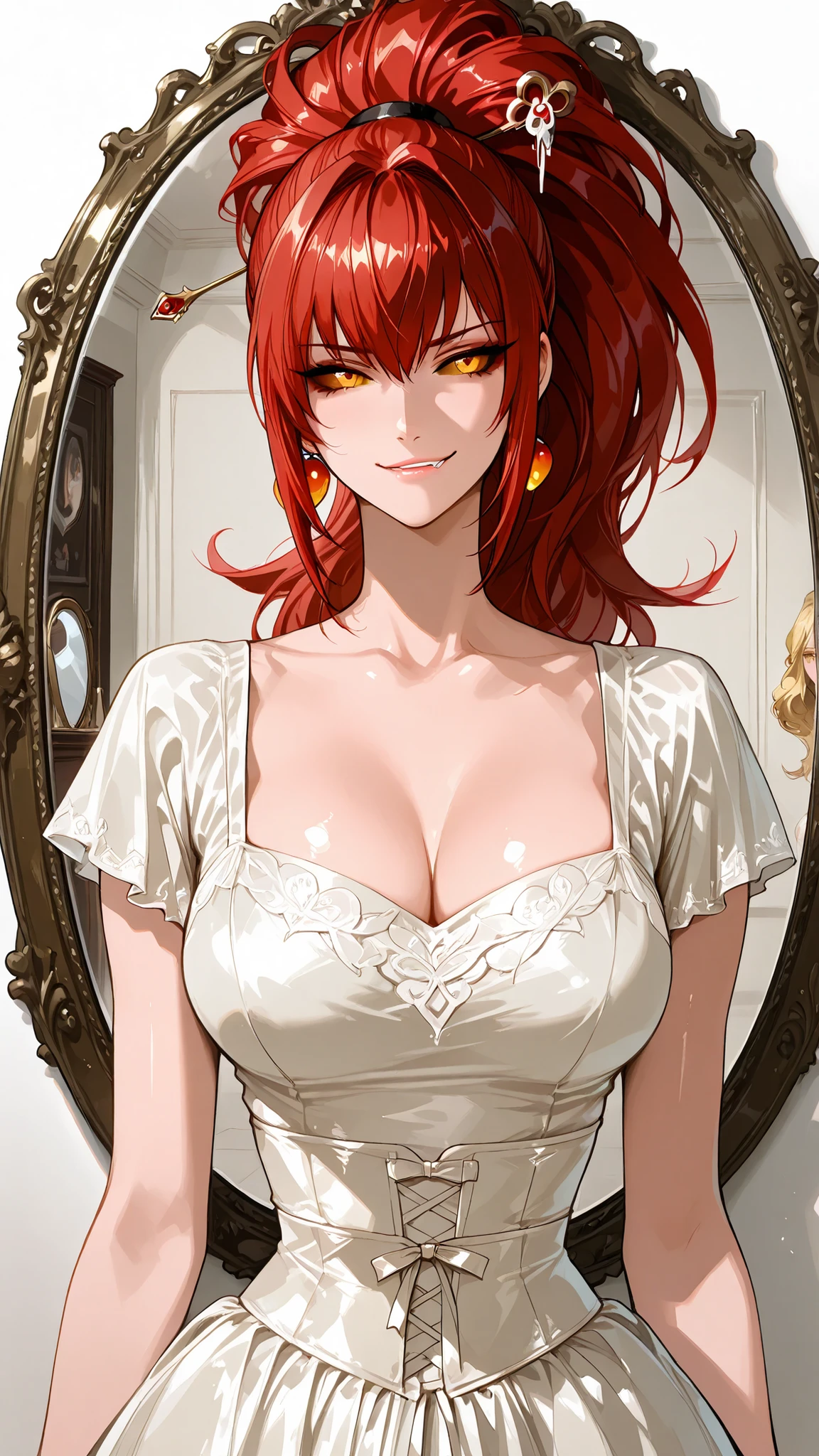solo, LNHDRNKOF, red hair, big hair, long hair, ponytail, (Eyes twisted by dark corruption, where pupils once were, now only a sickly, solid yellow retina and sclera), indoor, smirk, indoor, evil, corruption, mature woman, Tight waist、Small waist、shiny Skin , , (adult woman, 25+), (upper body), in a tulle ballet-inspired dress, sweetheart neckline, tea-length skirt, ribbon tied at back, ballet flats, soft curled hair with pearl hairpin, admiring reflection in an antique mirror, Extra thin waist :1.5、