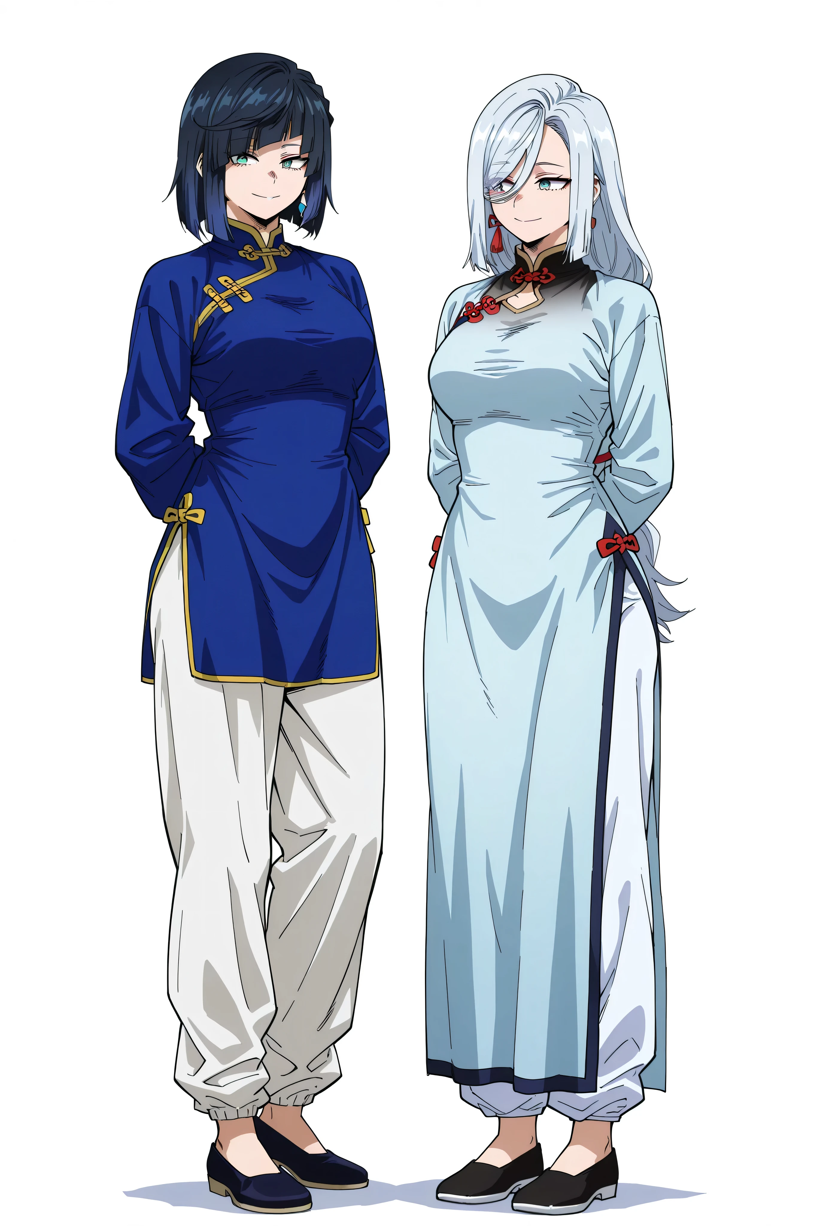 boku_no_hero_academia_style,score_9_up, score_8_up, BREAK, KungFuUniform, 2girl, multiple girls, white hair, black hair, grey eyes, green eyes, chinese clothes, mature, white background, blue dress, no pants,  mature, smile, hair between eyes, wife, full body, white pants, black footwear, shenhe, yelan, same height, blue dress, 