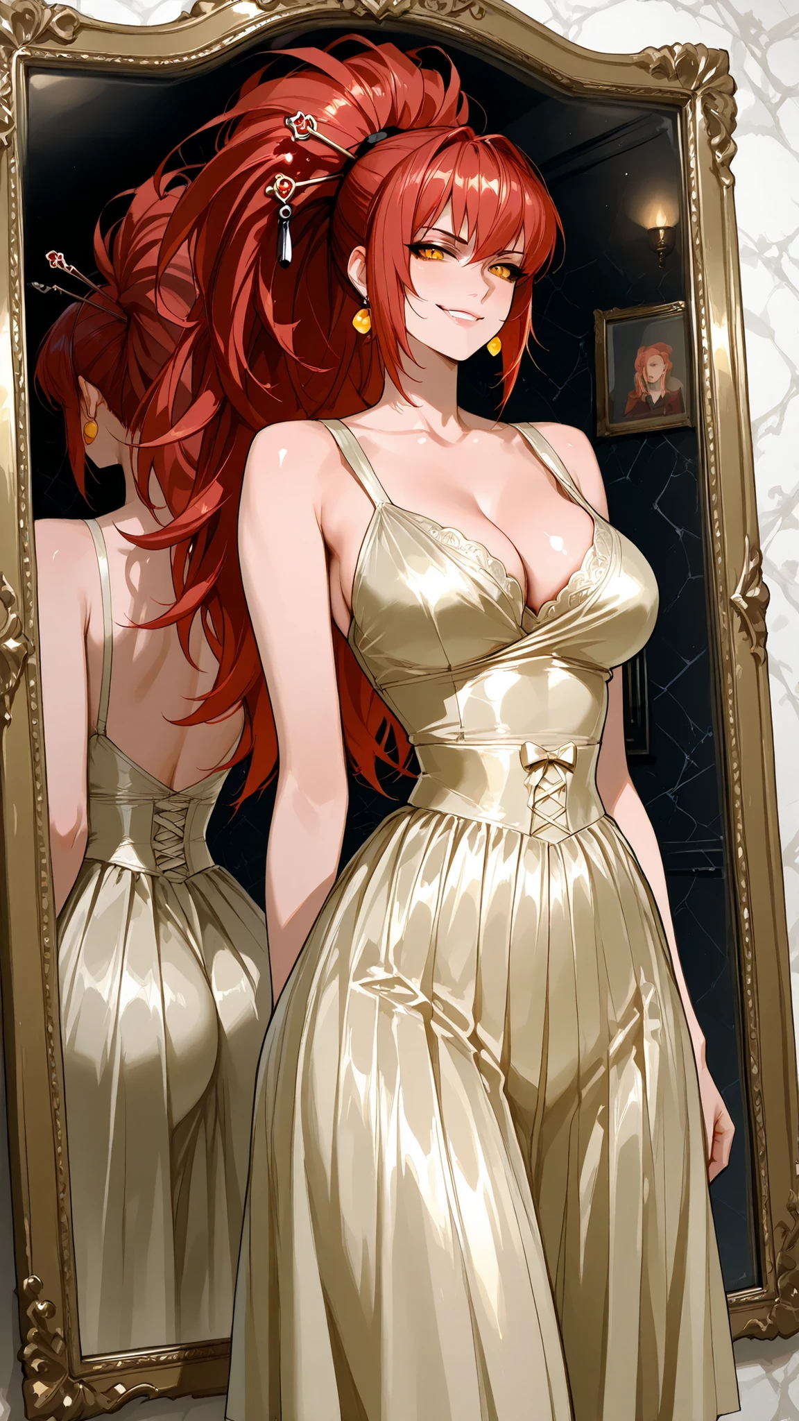 solo, LNHDRNKOF, red hair, big hair, long hair, ponytail, (Eyes twisted by dark corruption, where pupils once were, now only a sickly, solid yellow retina and sclera), indoor, smirk, indoor, evil, corruption, mature woman, Tight waist、Small waist、shiny Skin , , (adult woman, 25+), (upper body), in a tulle ballet-inspired dress, sweetheart neckline, tea-length skirt, ribbon tied at back, ballet flats, soft curled hair with pearl hairpin, admiring reflection in an antique mirror, Extra thin waist :1.5、