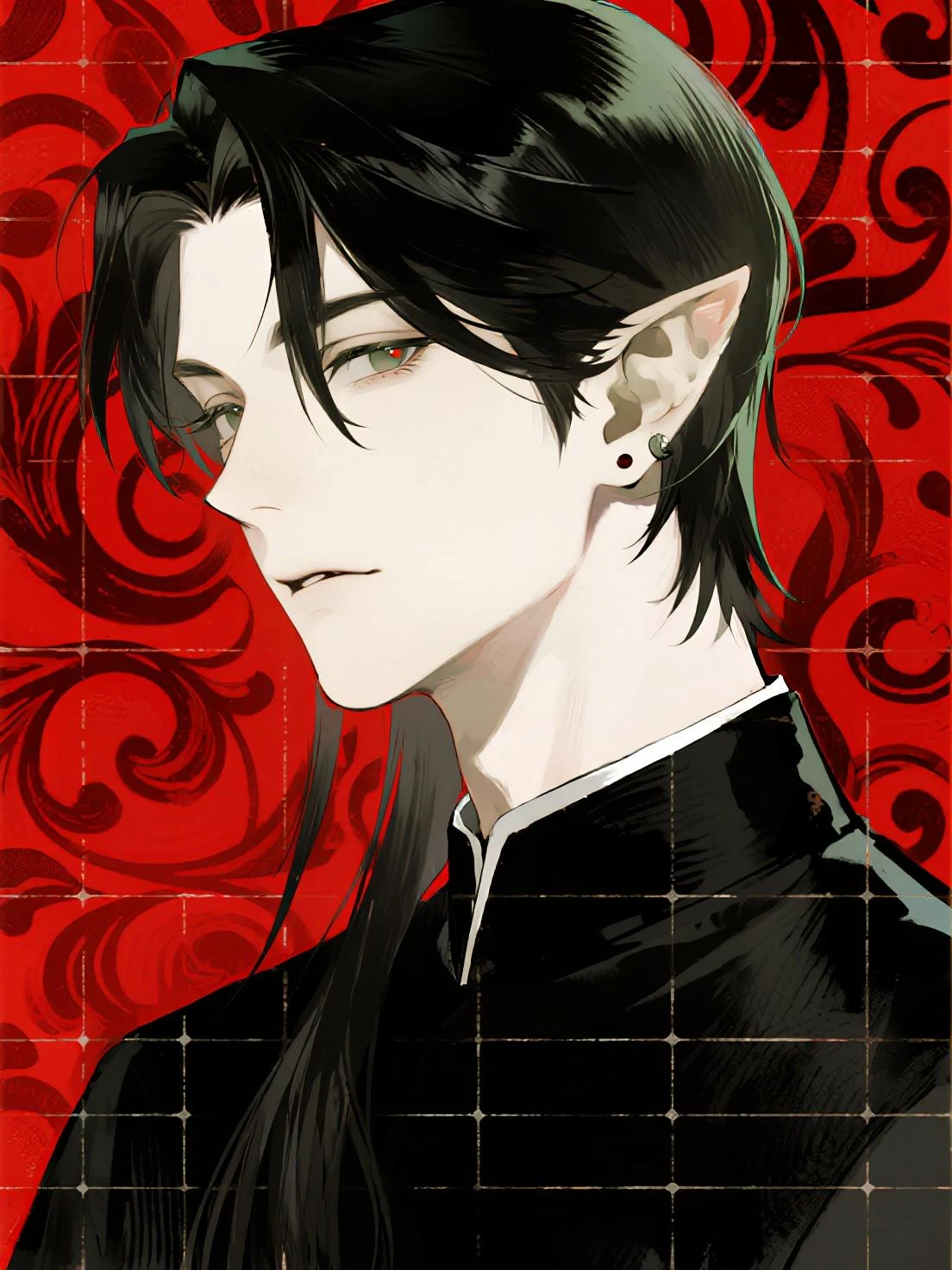 anime character with ear piercings and a black jacket, handsome guy in demon slayer art, a portrait of a male elf, handsome japanese demon boy, pale pointed ears, male anime character, a male elf, attractive humanoid, stunning anime face portrait, in the style of guweiz, demon horns, two dark red horns, two horns protruding from hair, large horns, striking appearance, masculine,  two horns sticking out from top of head, red eyes