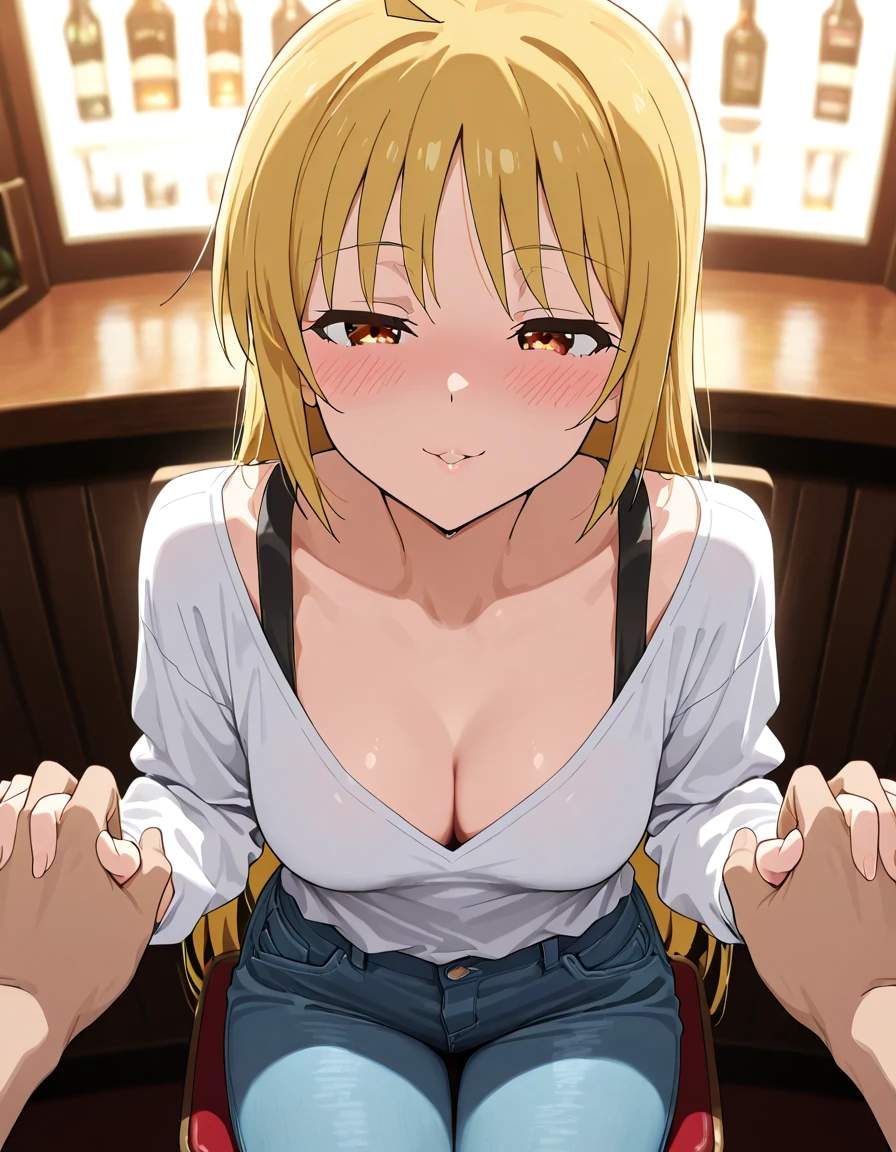 (anime, sword art online, a-1 pictures:1.2), atmospheric cinematic lighting, absurd res, highly detailed, masterpiece, best quality, extremely aesthetic, UHD, 8K, 1girl, adult, highly detailed facial features, detailed background, indoors, living room, (blonde hair, high ponytail, smile, smirk, smug), (blue eyes), (upper body, torso, head, portrait), (t-shirt, shirt lift, lifting own shirt, presenting medium breasts, nipples),