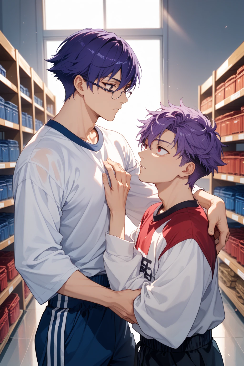 There are two 16-year-old male boys with purple hair and gray hair., purple eyes and gray eyes hug him and smile lovingly
