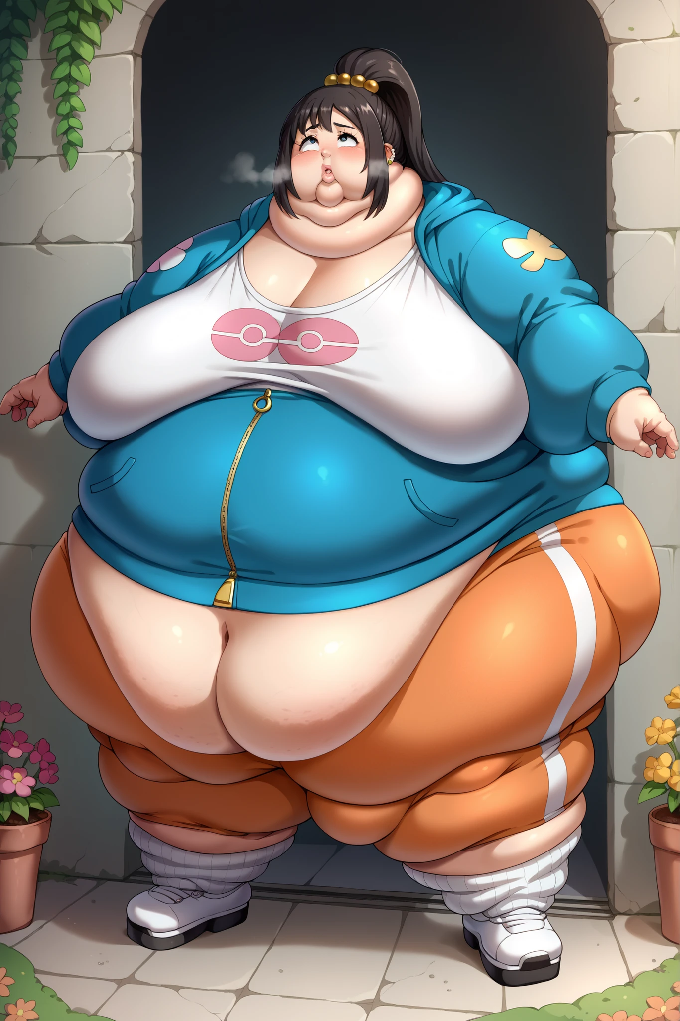 Fat_neck , Fat head , eyes with crushed cheeks , nose with crushed cheeks , mouth with crushed cheeks , chin roll , chubby, obesity, chubby, shortness of breath, Wide angle , Ultra-detailed illustration , masterpiece , top quality, fat, chubby, obese , zalida, lida \(pokemon\), aged up, black hair, black eyes, long hair, bangs, sidelocks, topknot, hair bobbles, ear piercing, partially open jacket, blue jacket, hooded jacket, hood down, zipper pull tab, long sleeves, single bracelet, jewelrly, collarbone, white shirt, print shirt, white choker, yoga pants, two-tone pants, orange pants, white pants, white socks, ribbed socks, loose socks, platform shoes, white footwear, colored shoe soles, giant hands, giant feet, fat, chubby, obese, gigantic arms and legs, big breasts, sagging breasts, full body shot, fat face, chubby face, double chins, big lips, flower garden
