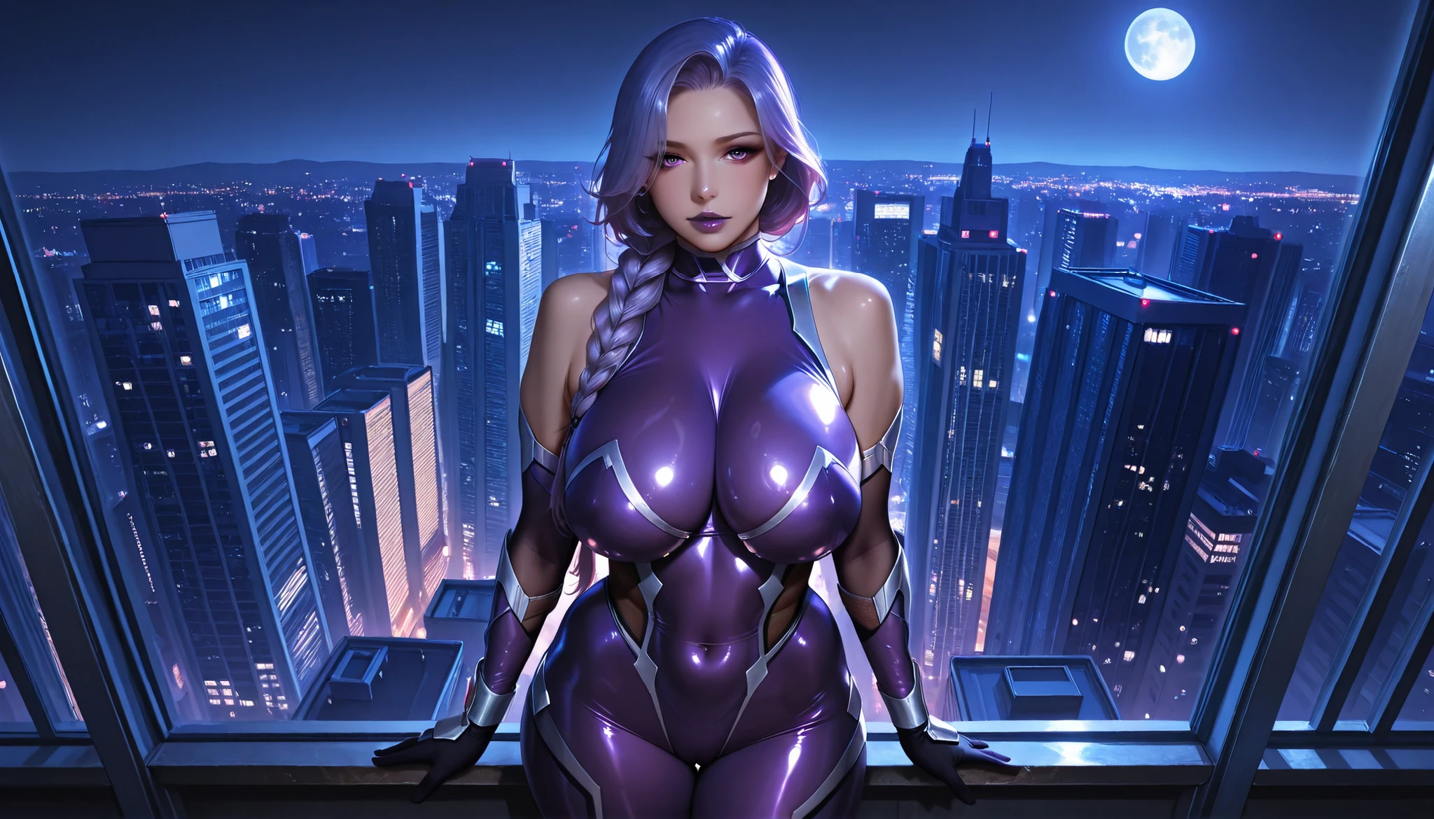 score_9, photorealistic, hyper realistic, ultra detailed, high quality. ruanyi0936, beautiful Caucasian woman, long purple hair in a braid, purple eyes, big breasts, thin waist, wide hips, thick thighs, sensual body, purple lipstick, taimanin suit, bare shoulders, purple bodysuit, elbow gloves. night, full moon, modern city, skyscraper, building roof, standing, sexy pose, sensual expression, panoramic view, cinematic lighting, soft light.