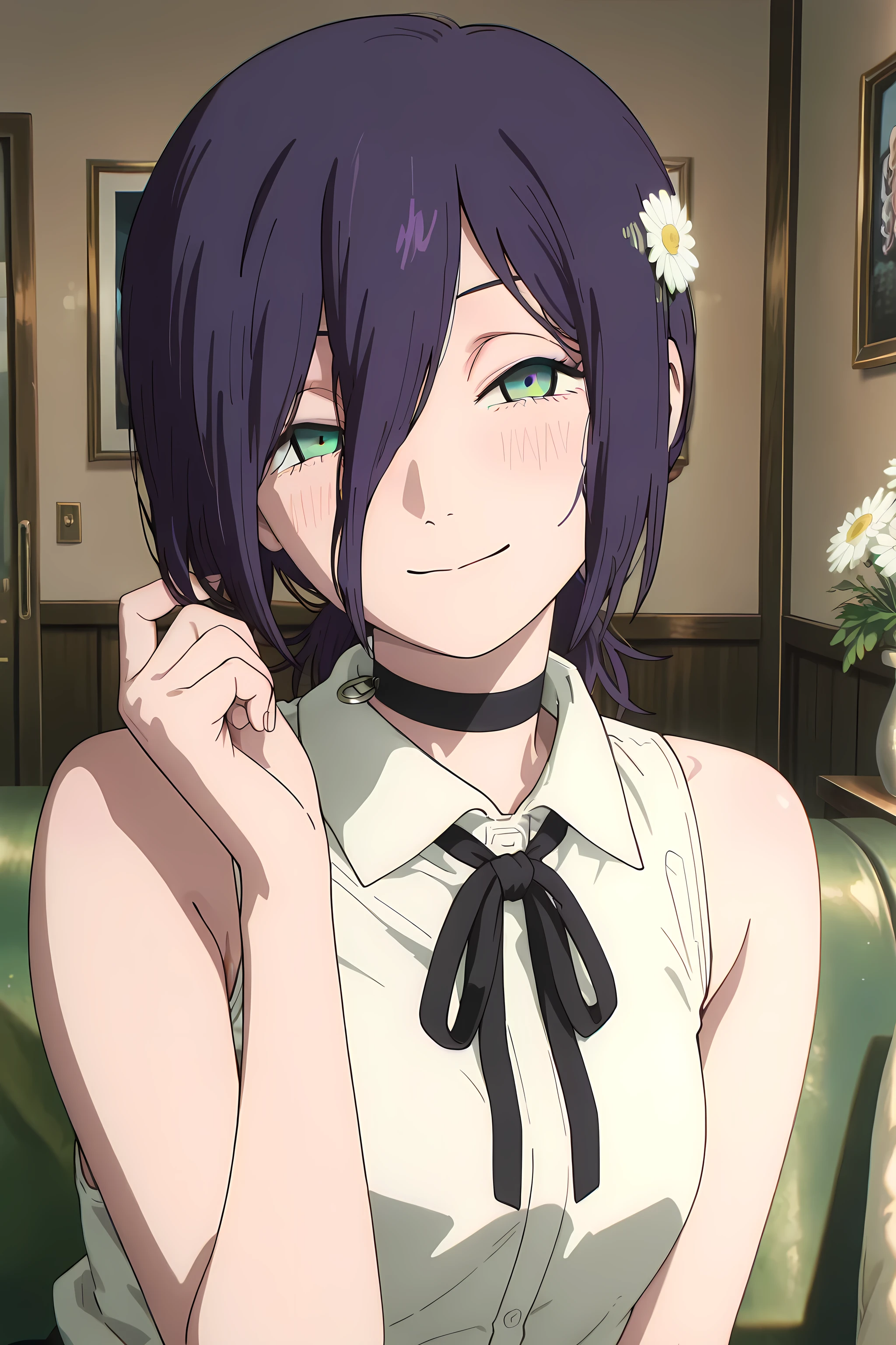 (masterpiece, detailed:1.2),best quality, newest, very awa, masterpiece, best quality, absolutely absurdres, proportional body, proportional:1.2, beautiful hair, beautiful face,  newest, anime screencap, cinematic composition, ultra detail, solo,  reze, black choker, purple hair, choker, eyebrows hidden by hair, green eyes,  long bangs, medium hair, reze from chainsaw man, medium hair,  shoulders, black ribbon, collar, collared shirt, neck ribbon, ribbon, shirt, sleeveless, sleeveless shirt, white shirt,, smile.  smile, facing viewer,  pull pin decorate on choker, decoration on side of choker, blush, facing viewer, bangs over one eye,,white Gerbera hair ornament, closed motth, head tilted, shy, play own hair