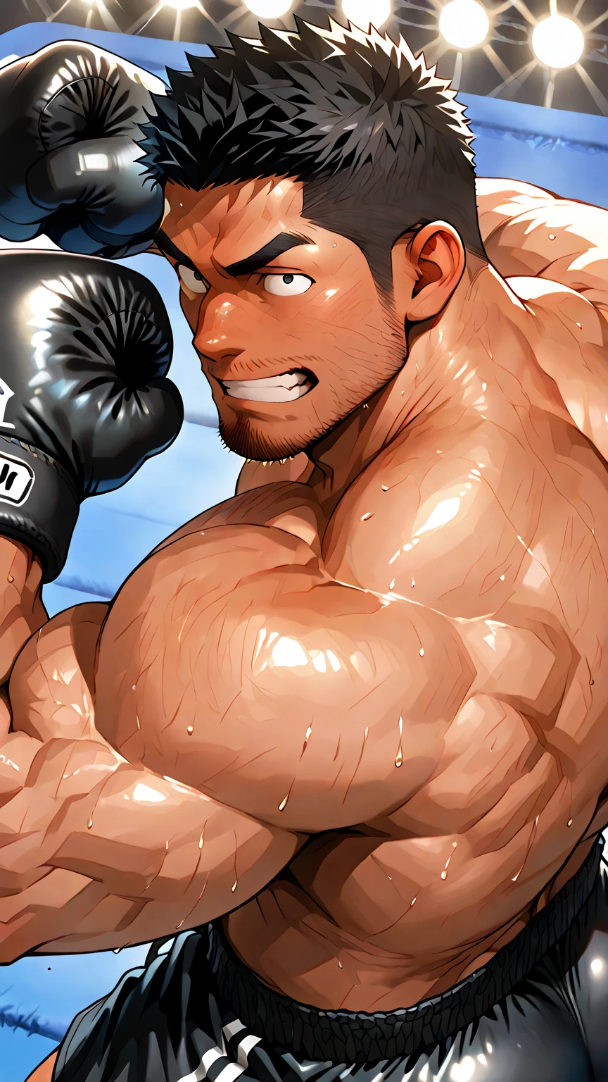 Muscular boy with beanie hat, tank top and brown hair, punches a black man in the face (the black man does not wear a hat)