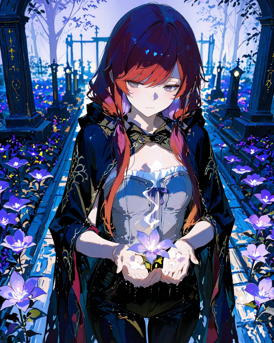 masterpiece, best quality, ultra-detailed, perfect , 
748cmstyle, 
gray eyes, dark red hair, long hair, low twin tails, swept bangs, strapless sleeveless shirt, white frill trim, gray shirt, hair ribbons, black trousers, black cloak, tattered cloak, thin, 
standing in a mystical cemetery garden, a glowing soul-flower just sprouting in front of her, glowing flower casting soft ethereal light on her face and hands, soft mist and light rain, expressionless, subtle warm light illuminating her face, mysterious tombstones and misty background, serene and magical atmosphere, cinematic composition, highly detailed, painterly style, delicate color palette with soft muted purples, violet mist, soft purple light, subtle purple reflections on flowers and stones, soft shadows, depth of field, 