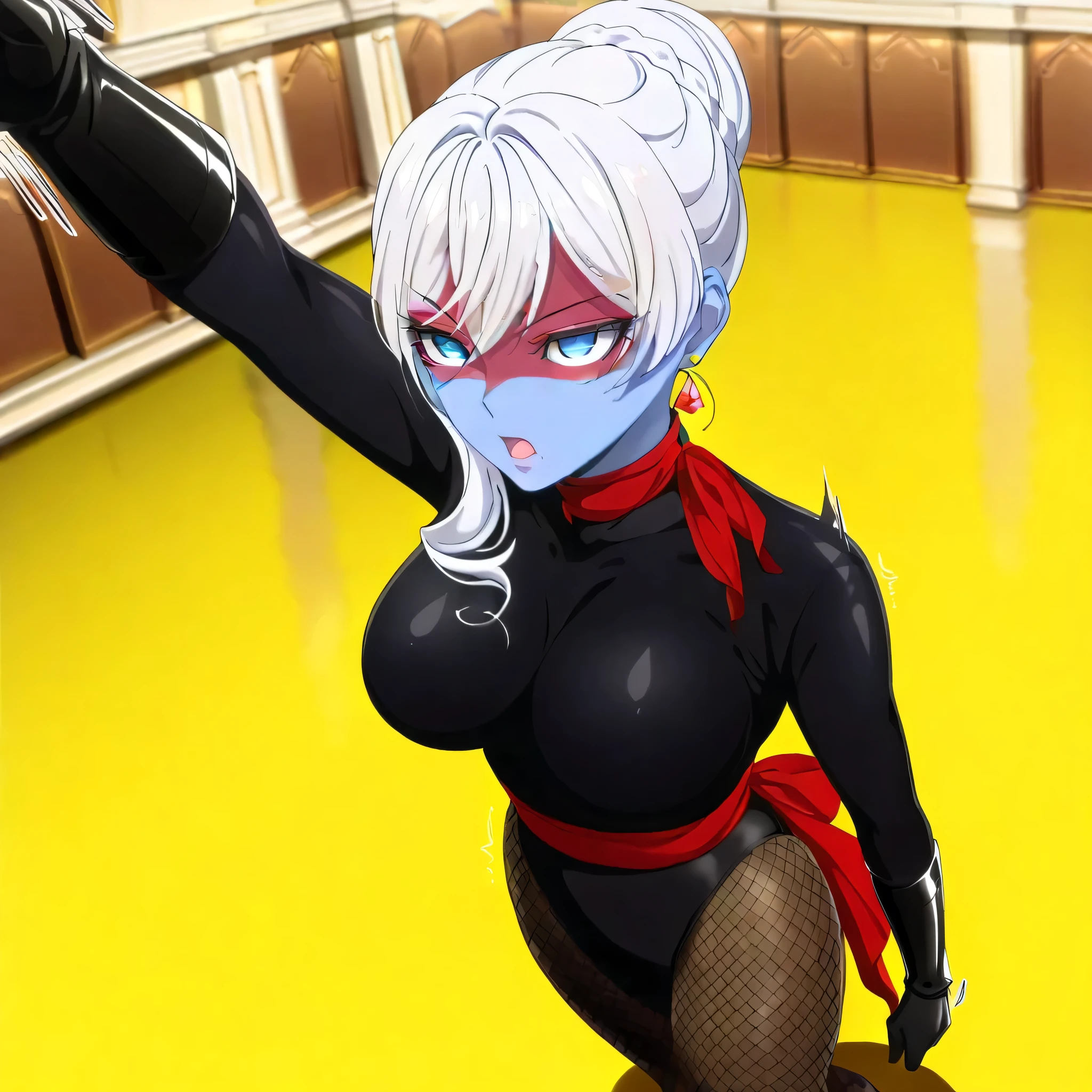 (((Masterpiece))), (((Best Quality))), ((Super Detail)), ultra-High resolution, score_9,score_8_up,score_7_up,score_6_up,score_5_up,score_4_up, BREAK, source_anime, anime screencap, uncensored, Masterpiece, (best shadow), (absurdres), (detailed background), (very aesthetic), detailed beautiful eyes, outstanding, an exquisite animation illustration, curvy, highres, dark persona, empty eyes, blank eyes, shocker, black leotard, latex elbow gloves, brown fishnet pantyhose, blue skin, colored skin, red sash, makeup, shaded face, red skin, (((solo, 1girl))), hair ornament, seductive pose, submissive pose, anime style, anime coloring, animification, megami magazine, sexy pose, large breast, blue eyes, white hair, braid, single hair bun, earrings, cinematic angle, dynamic angle, dutch angle, indoor, ballroom, proudly, confident, determined, salute, saluting, standing, standing at attention, standing still, looking ahead, shocker salute. arm up, hand up, looking from above, view from above, from above, speed line, motion line, powerful, roar, open mouth