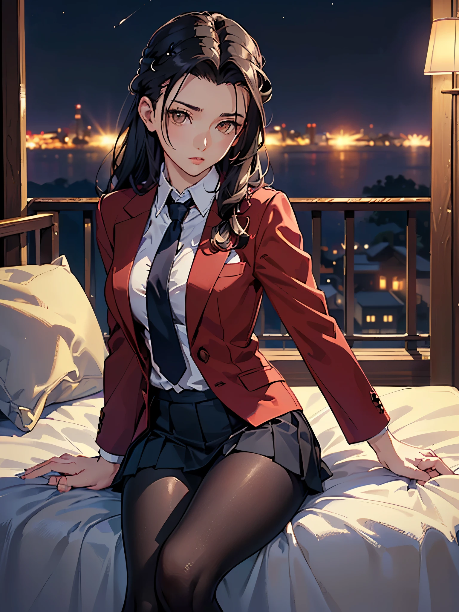 Dog 1、Woman 1、Red Miniature Dachshund、Red Miniature Dachshund long hair、Puppy'the color is red、woman with very long black hair、 women、Spectacular views、night time scene、The view from the top of the hill、full moon night sky、Starry sky spinning、８K、best qualityer、詳しいPuppyの顔、The woman is facing the opposite direction、Ria、I can't see a woman's face、The whole body is in the picture、Like Tokyo night view、The woman is wearing a  and her  is visible.、Legs in pantyhose