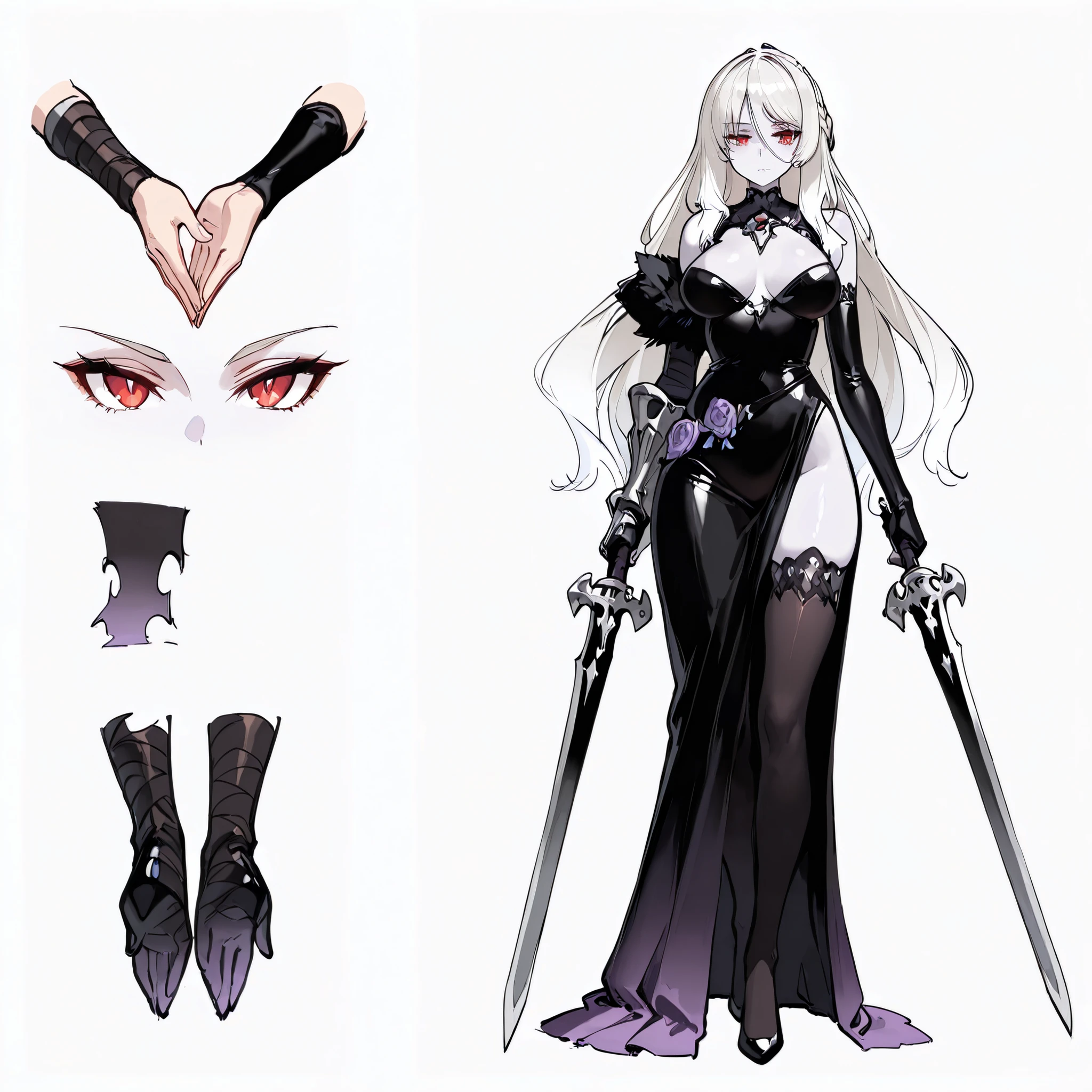 (((masterpiece))), (((Best Quality))), ((Ultra-detailed)), (High-Definition anime Illustration), ((extremely delicate and beautiful)), solo, Full body, wightmge, fantasy undead wight fighter girl, white shaggy hair, long hair, very long hair, gradient hair, braid, red eyes, calcified blind eyes, pale skin and mummified flesh! colored skin, black thigh-highs, distorted gauntlets, clawed gauntlets, ((she is held both hands with twin swords)),(slender)(Character Focus),highly detailed, Colorful, wearing ragged fighter gear and distorted mournful black dress, long skirt, full body standing, Whole body, (((white background)))