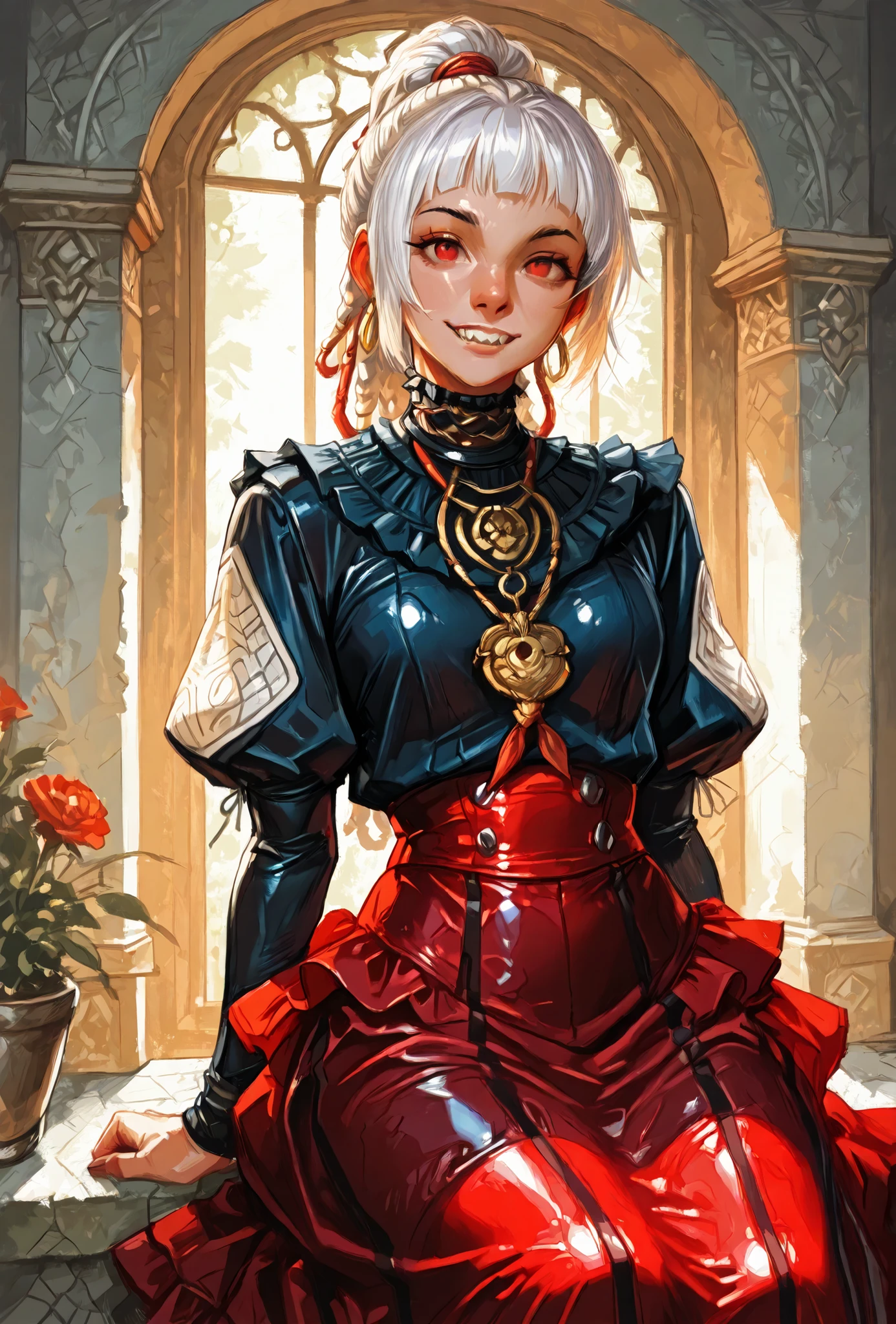 She looks like Elena from Street Fighter and has a horizontal scar across her nose. Inca girl with white dreadlocks with silver pearls and ponytail, red eyes, slanted Asian eyes, sharp canine teeth, black eyeliner, athletic body. Slender and athletic. Cute, round and young face. White highlights in her hair. She wears a fine (intricate) snakeskin-latex Goth dress with snakeskin-pattern, black leather bolero with lacing, shiny ruffled red latex skirt with frills and with black vertical stripes. She also wears an amber necklace. She has a small smile on her face. Atmospheric lighting. Looking at the viewer. Background: Spanish villa, hdr colours, oil painting, semi-realistic