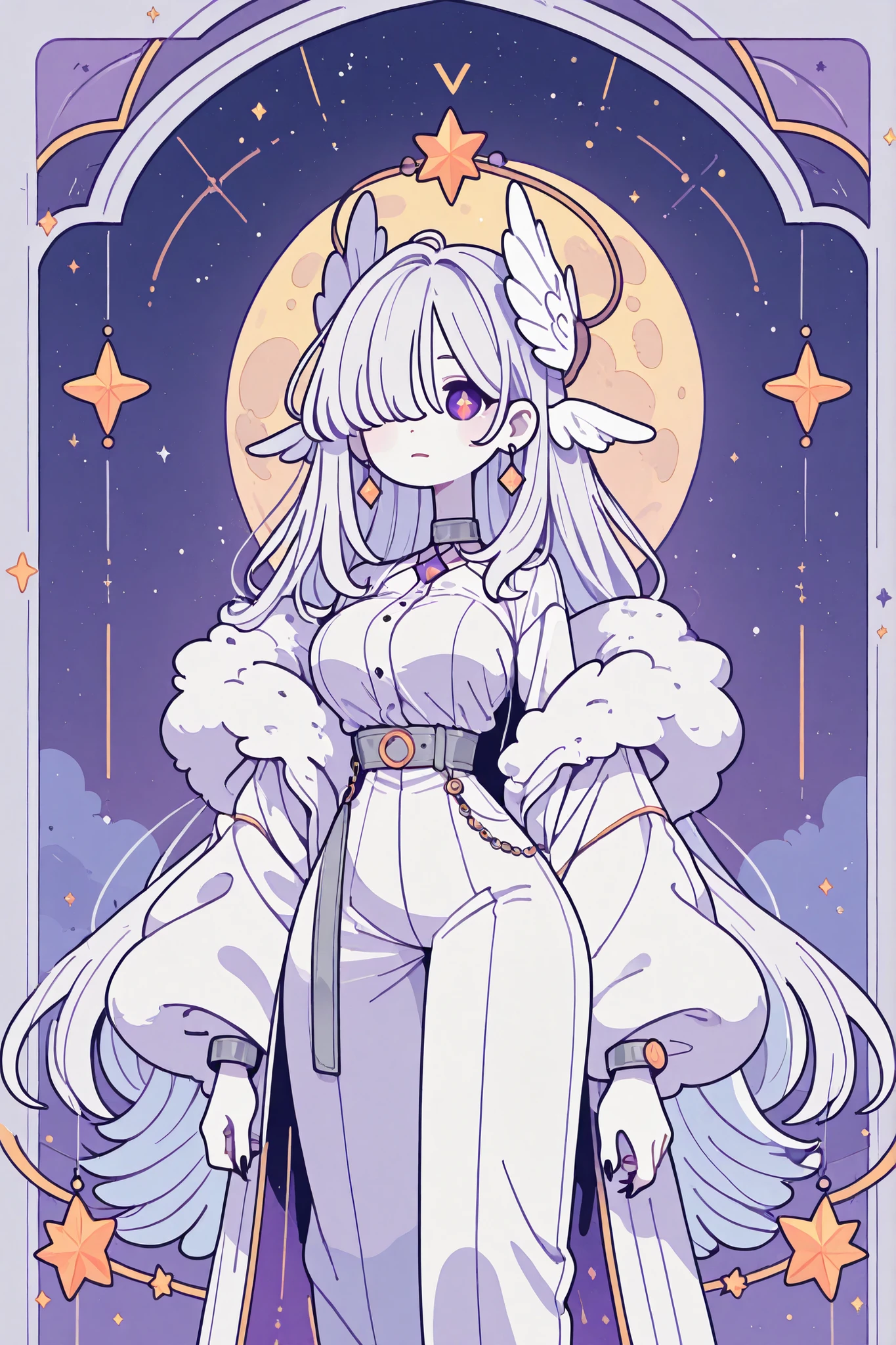 (novuschroma15 style,)(Chibi) (feathered head wings, silver-white head wings,) The winged woman is angel. She has a mature bodybuilding with big breasts , thin waist and wide hips. She has sparkling white skin. She has fluffy feathered winged ears on her head. She has long diamond manicured claws. She has long white hair combed to one side and part of her long bang over one eye covers half of her face. She has white pearly eyes with starry sparkling star-like pupils. She has two huge mother-of-pearl angelic wings on her back. She has a winged tiara. She has a diamond halo above her head. She is dressed in a white outfit: a silver corset, bell-bottomed pearly white trousers, a silver belt with pendants, and a white short furry arctic fox fur coat. She has a lot of silver jewelry with large diamond earrings,crystal pendants on a silver choker, a bracelet, and rings with diamonds. (On the background: The starry night sky with big moon, the silver frame of tarot card named "star".)