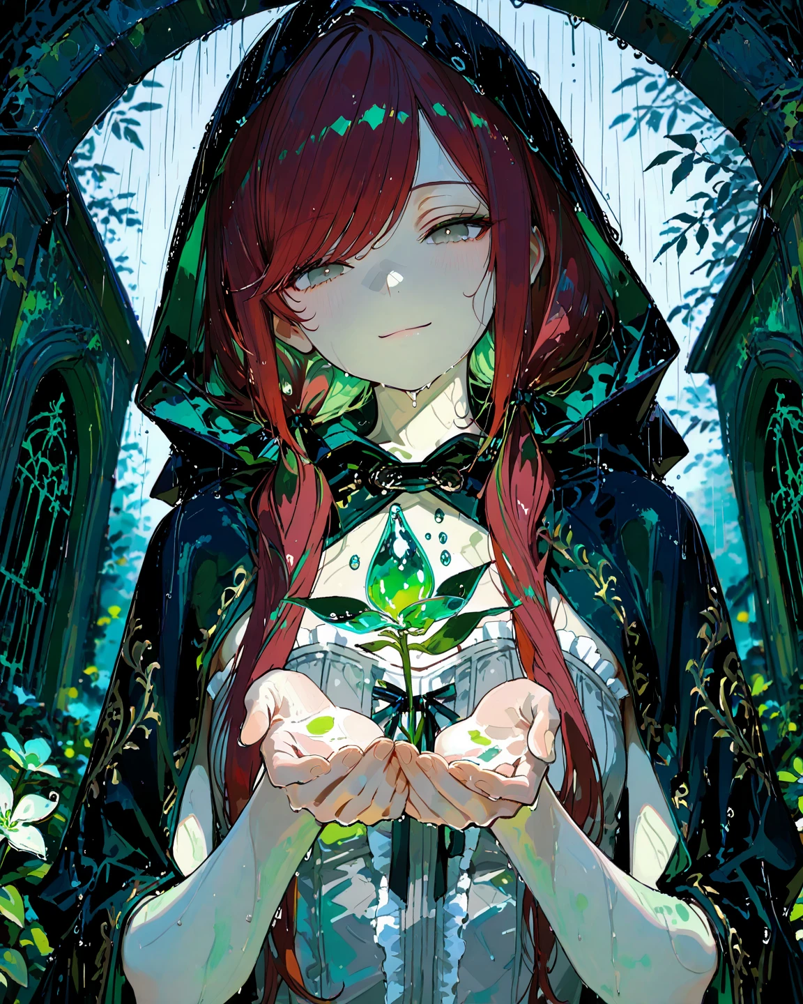 masterpiece, best quality, ultra-detailed, perfect , 
748cmstyle, 
gray eyes, dark red hair, long hair, low twin tails, swept bangs, strapless sleeveless shirt, white frill trim, gray shirt, hair ribbons, black trousers, black cloak, tattered cloak, thin, 
standing in a mystical cemetery garden, a glowing soul-flower just sprouting in front of her, glowing flower casting soft ethereal light on her face and hands, soft mist and light rain, expressionless, subtle warm light illuminating her face, mysterious tombstones and misty background, serene and magical atmosphere, cinematic composition, highly detailed, painterly style, delicate color palette with soft muted purples, violet mist, soft purple light, subtle purple reflections on flowers and stones, soft shadows, depth of field, 