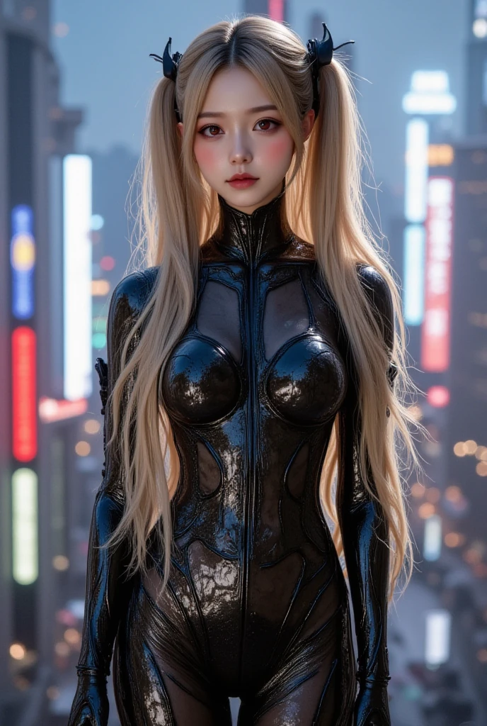 detailed futuristic park,skyscrapers,shiny metallic architecture,hovering cars,neon lights,glowing holographic displays,futuristic girl taking a selfie,bright happy smile,warm lighting,vibrant colors,cinematic atmosphere,photorealistic,8k,high resolution, ((( Russian and Japanese mix, golden hair, straight long hair, gazing, parted lips)))