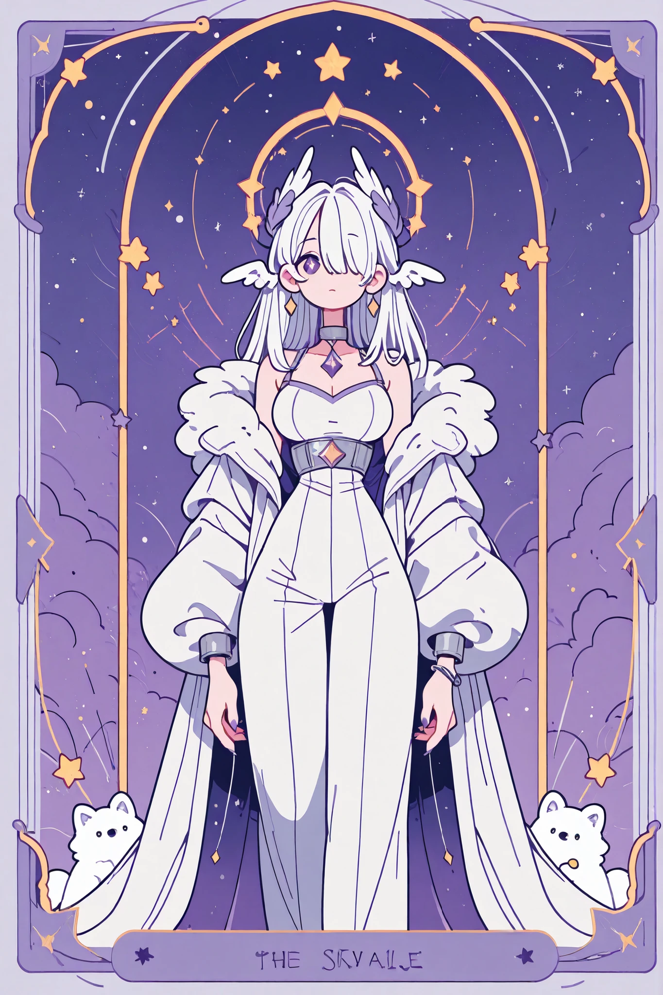 (novuschroma15 style,)(Chibi) (feathered head wings, silver-white head wings,) The winged woman is angel. She has a mature bodybuilding with big breasts , thin waist and wide hips. She has sparkling white skin. She has fluffy feathered winged ears on her head. She has long diamond manicured claws. She has long white hair combed to one side and part of her long bang over one eye covers half of her face. She has white pearly eyes with starry sparkling star-like pupils. She has two huge mother-of-pearl angelic wings on her back. She has a winged tiara. She has a diamond halo above her head. She is dressed in a white outfit: a silver corset, bell-bottomed pearly white trousers, a silver belt with pendants, and a white short furry arctic fox fur coat. She has a lot of silver jewelry with large diamond earrings,crystal pendants on a silver choker, a bracelet, and rings with diamonds. (On the background: The starry night sky with big moon, the silver frame of tarot card named "star".)