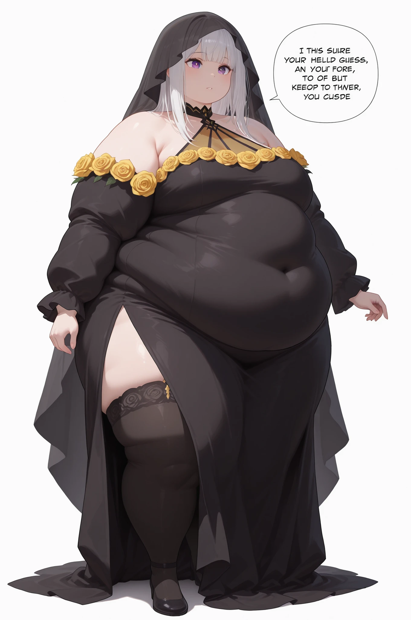 obese,fat,WeightObese,(Score_9, score_7:0.6), (masterpiece, best quality, good quality, newest:0.6), Satella, 1girl, black veil, black thighhighs, sleeveless black dress, white hair, long hair, breasts, yellow rose, standing, white background, english text, long sleeves, rose, simple background, full body, opaque veil, halterneck, purple eyes