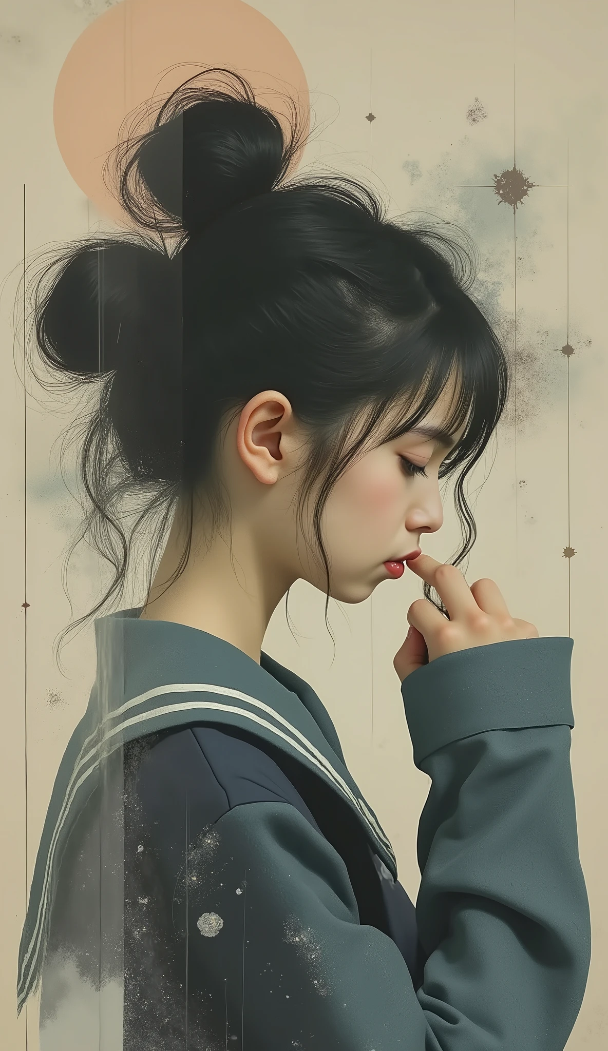 abstract art, reminiscent of the girl's dual nature, Combining a minimalist profile with blended identity, full body shot, skinny delicate 13yo temptress girl in neat school uniform, hair bun, she is looking at herself in the abstract geometric mirror, one in the mirror grins devilishly, another in front of the mirror is looking down nostalgically with her tears, stunning light expression, hyper photorealism, Biologically correct images, innocence, neat and clean, Highest resolution, masterpiece