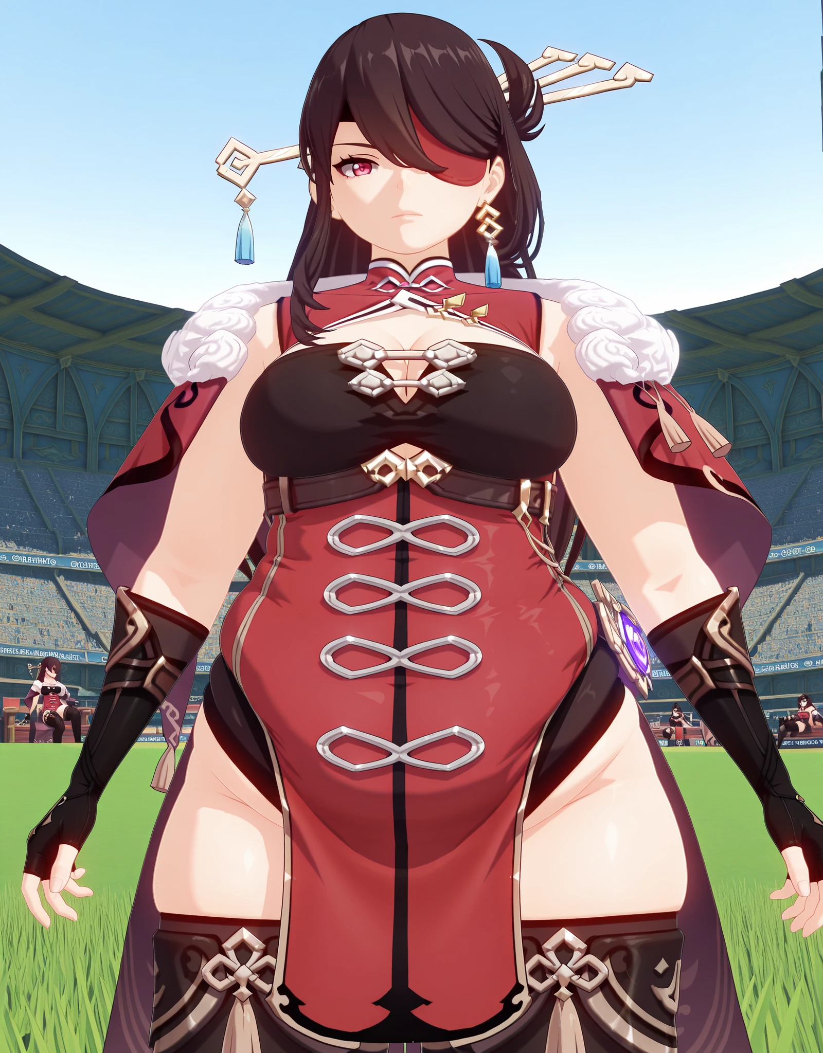 obese,fat,plump,WeightObese,masterpiece, best quality, amazing quality,, beidou, beidou (genshin impact), long hair, bangs, brown hair, black hair, hair ornament, red eyes, hair over one eye, eyepatch, hairpin, one eye covered, mature female, , 3d,, thighhighs, gloves, cleavage, jewelry, earrings, black gloves, fingerless gloves, fur trim, chinese clothes, vision (genshin impact),, v,, stadium, seats, field, game, large, cowboy shot, solo, looking at viewer, transparent background, simple background, white background