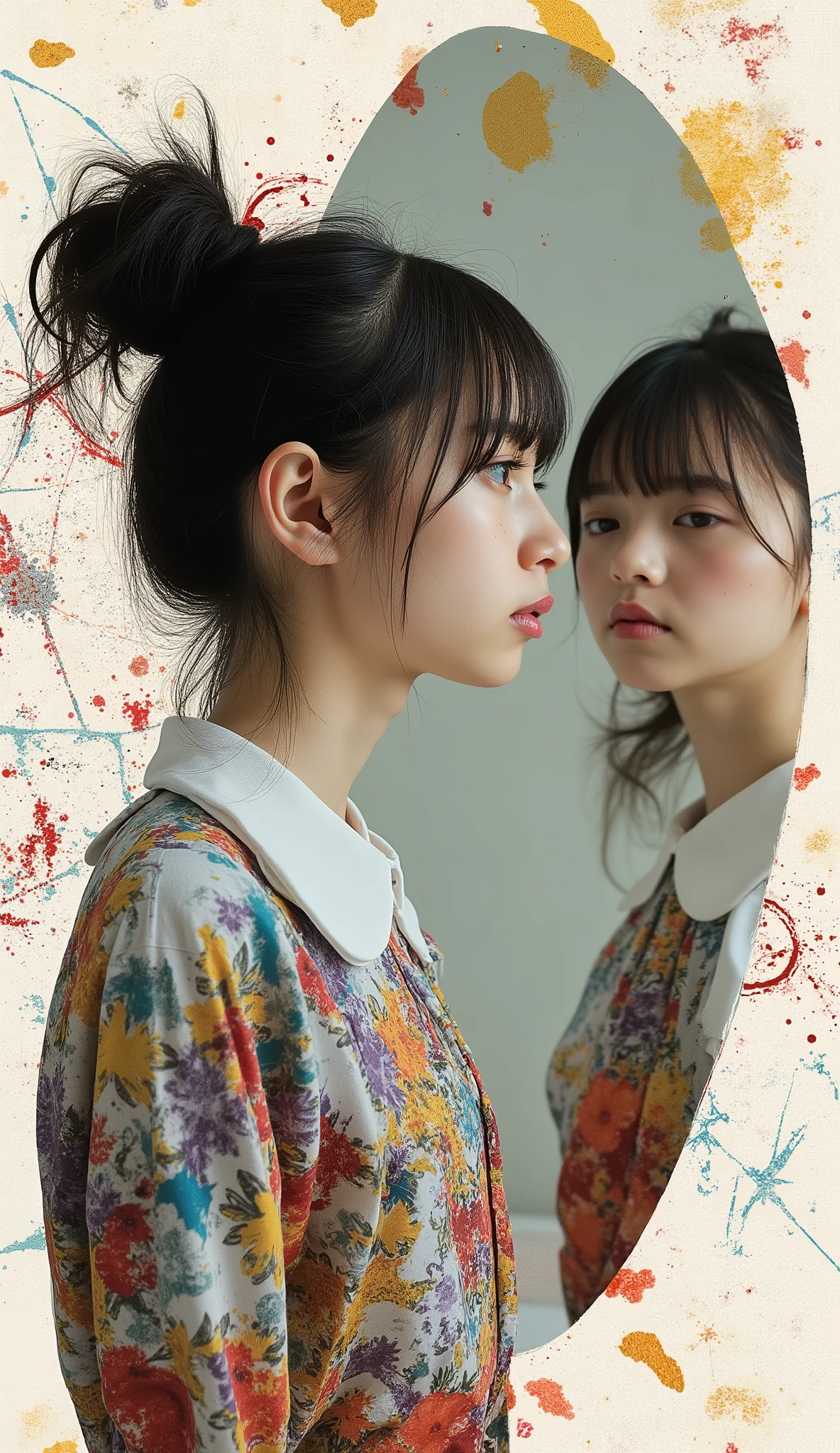 collage art, reminiscent of the girl's dual nature, Combining a minimalist profile with blended identity, full body shot, skinny delicate 13yo temptress girl in neat school uniform, hair bun, she is looking at herself in the abstract geometric mirror, one in the mirror grins devilishly, another is looking down nostalgically with her tears, surrounded by bright lines of abstract symbols and splashes of water, The collage consists of various textures and patterns, The color palette is a mixture of muted tones and bright, contrasting shades, creating a feeling of both nostalgia and rebellion, The composition is deliberately chaotic, with elements overlapping each other and going beyond the edges, adding to the raw, unfiltered aesthetics, stunning light expression, hyper photorealism, Biologically correct images, innocence, neat and clean, Highest resolution, masterpiece