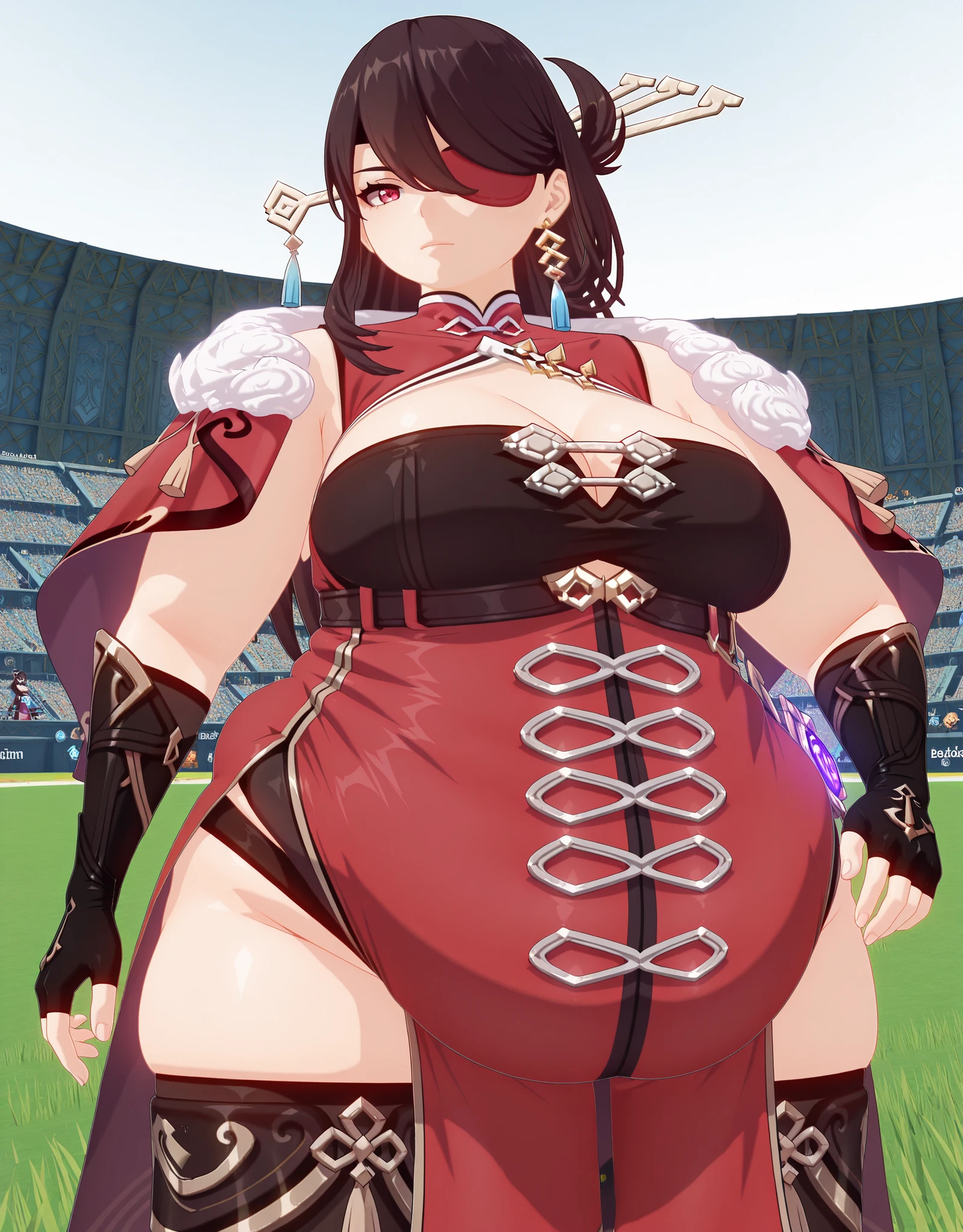 hyper fat,hyper obese,obese,fat,plump,WeightObese,masterpiece, best quality, amazing quality,, beidou, beidou (genshin impact), long hair, bangs, brown hair, black hair, hair ornament, red eyes, hair over one eye, eyepatch, hairpin, one eye covered, mature female, , 3d,, thighhighs, gloves, cleavage, jewelry, earrings, black gloves, fingerless gloves, fur trim, chinese clothes, vision (genshin impact),, v,, stadium, seats, field, game, large, cowboy shot, solo, looking at viewer, transparent background, simple background, white background