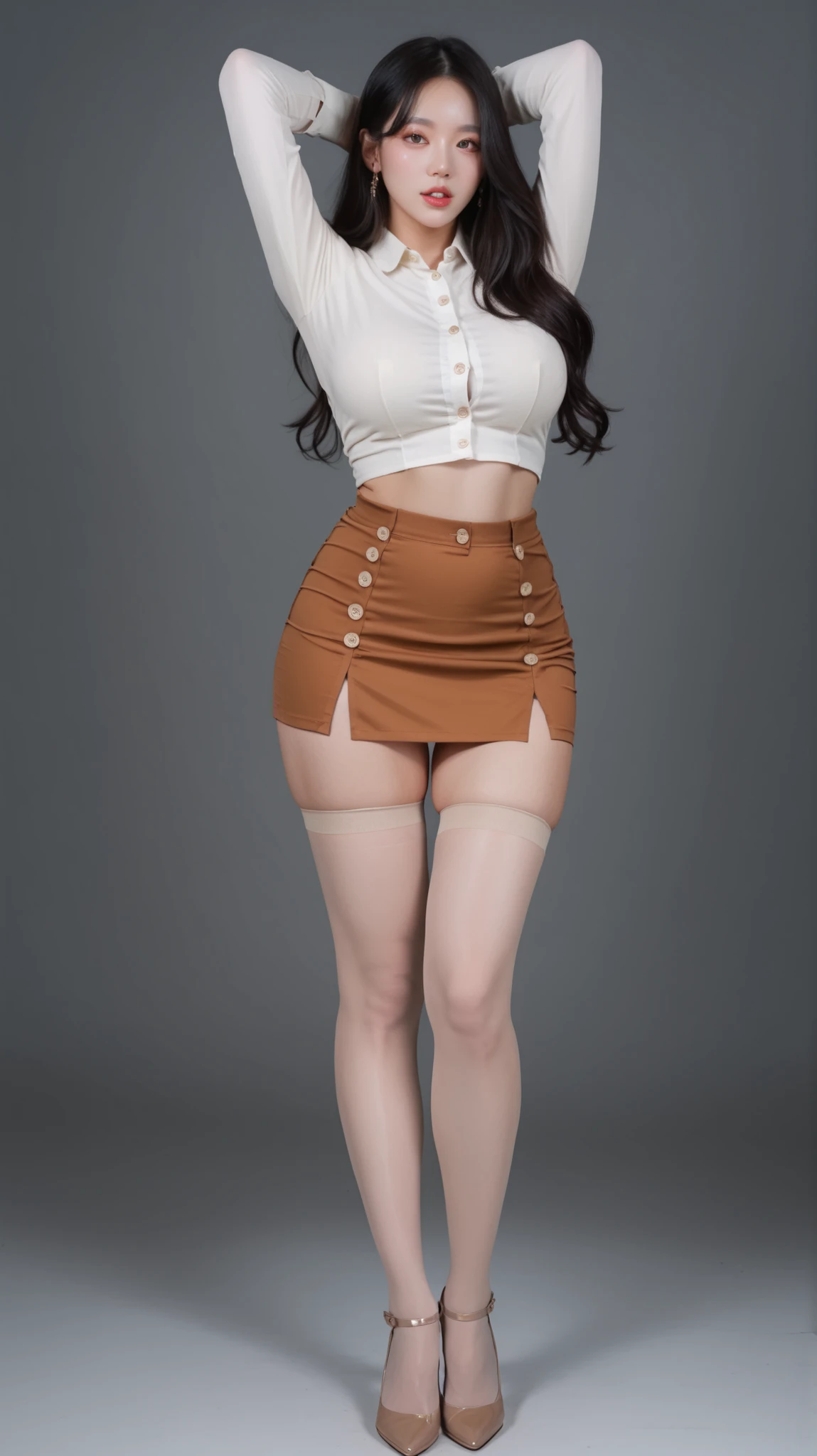 ((Realistic)), (Huge Breasts:1), ((Wide Hips)), ((wide pelvis)), (Wavy black hair), Dark Brown Eyes, ((Double Eyelids)), (Long Eyelashes), (((Korean Girl))), (((White Skin))), Beautiful Makeup, (Eyeshadow), Thick Thighs, Very Elaborate Eyes, Natural Light, (Masterpiece, Top Quality), (Sexy Beauty), full body shot, thin white cropped shirt (a few buttons undone), short black mini skirt (asymmetrical hemline), beige or light tan pantyhose/stockings, seductive pose, arms raised above the head, back slightly arched, legs together, confident expression, slightly parted lips, standing, looking directly at the camera, orange background, studio lighting.