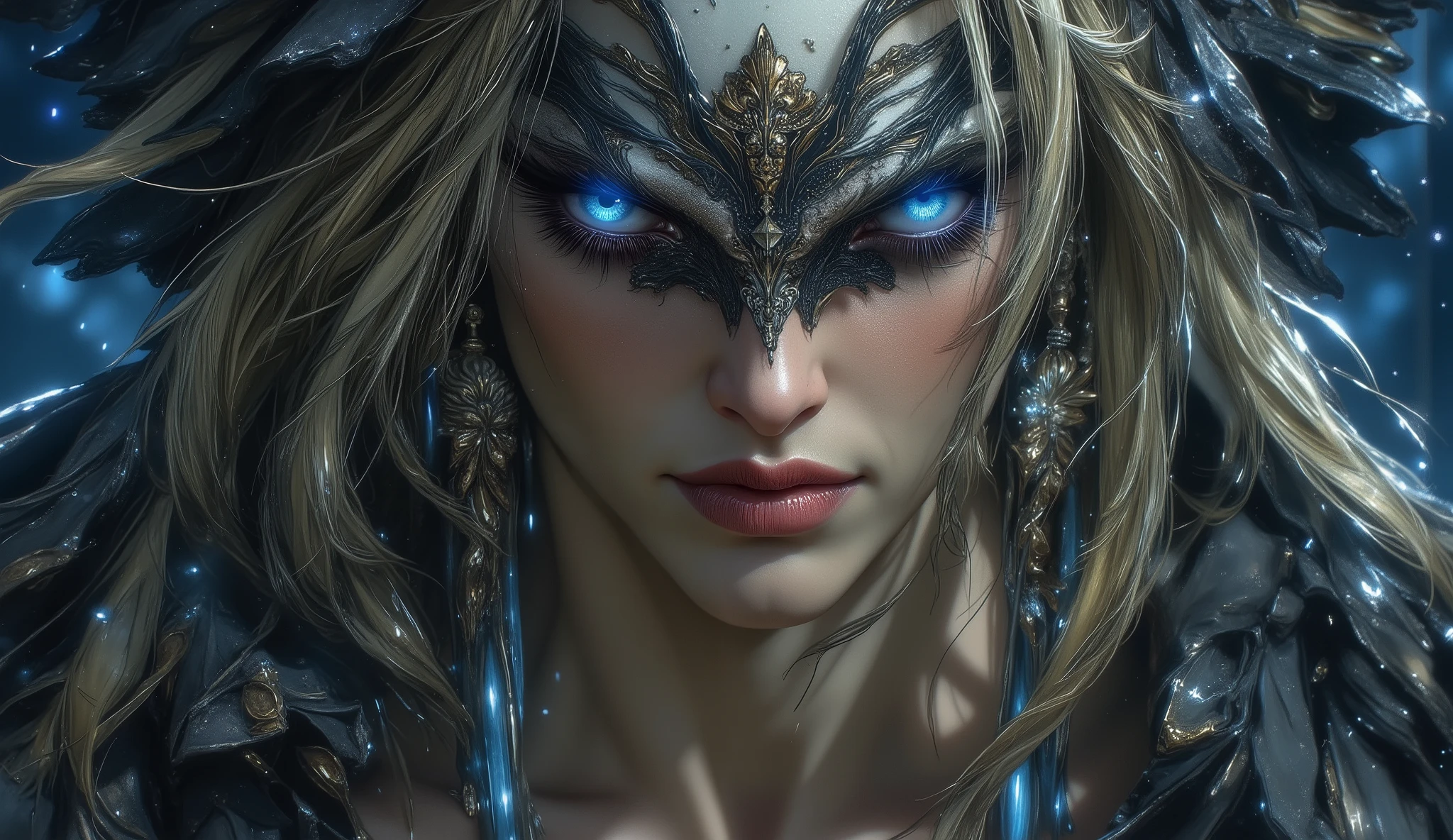 Bastien Lecouffe-Deharme´s painting depicting A woman half-bird, representing the Brazilian legend of Matinta Pereira, she has large wings and a penetrating gaze, like that of an owl, She wears rags, like a wanderer, and has a black band over her eyes, she is perched on the branches of a tree, in a pose as if she is whistling, at night, under a starlit sky, horror mood, intricate, detailed, starlit, moody colors, high contrast, dramatic light with patterns