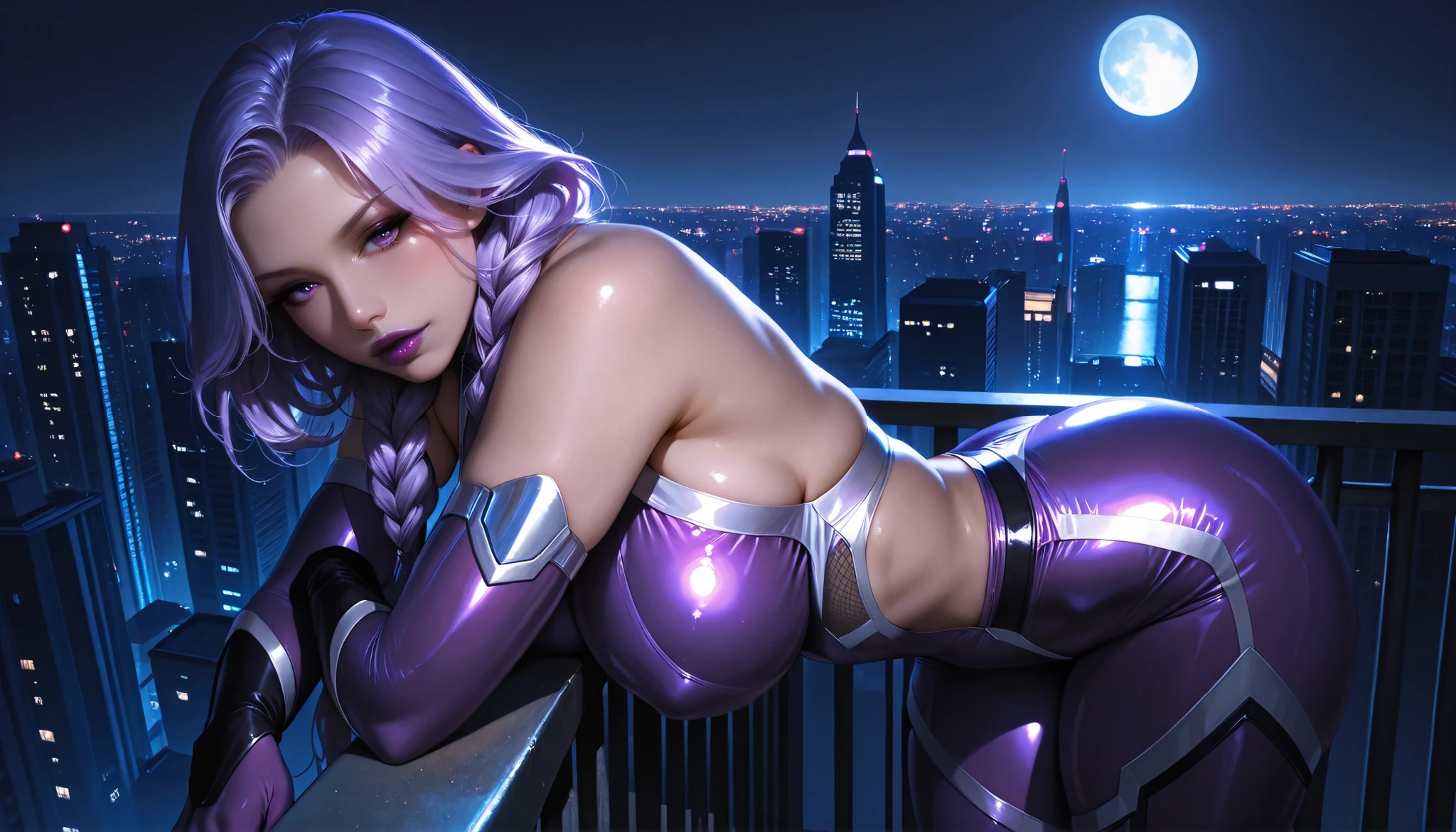 score_9, photorealistic, hyper realistic, ultra detailed, high quality. ruanyi0936, beautiful Caucasian woman, long purple hair in a braid, purple eyes, big breasts, thin waist, wide hips, thick thighs, sensual body, purple lipstick, taimanin suit, bare shoulders, purple bodysuit, elbow gloves. night, full moon, modern city, skyscraper, building roof, leaning, arms on the railing, sexy pose, sensual expression, panoramic view, rear view, cinematic lighting, soft light.