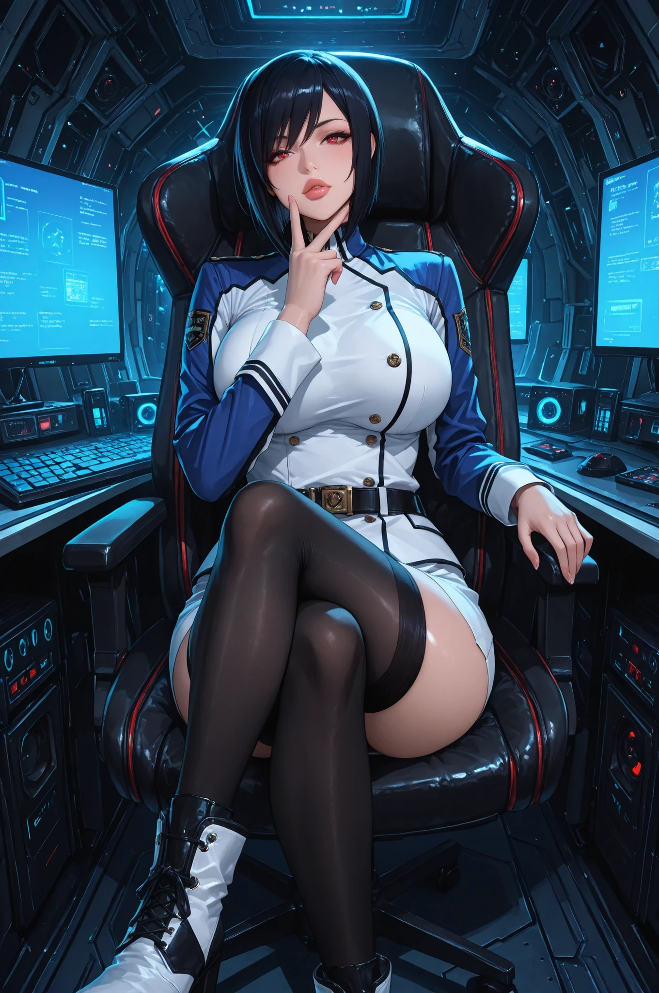 Naomi Evans, 1girl, solo, black hair, short hair, red eyes, bangs, thick lips, military uniform, white skirt, miniskirt, black thighhighs, ankle boots, detailed eyes, crossed legs, gesture, score_9, score_8_up, score_7_up, score_6_up, legs together, the girl is very beautiful, the girl has an incredibly beautiful face, big breasts, detailed skin image. The girl is sitting in a futuristic chair on the command deck of a spaceship, surrounded by control and navigation instruments, computers, and holographic interfaces. She is looking directly at the viewer. Proper lighting, proper shadows, extremely detailed CG unity 8k wallpaper, perfect lighting, colorful, ultra-high resolution, detailed background, masterpiece, best quality, good quality, amazing quality, hyper-detailed, newest, very aesthetic, (masterpiece, detailed:1.2)