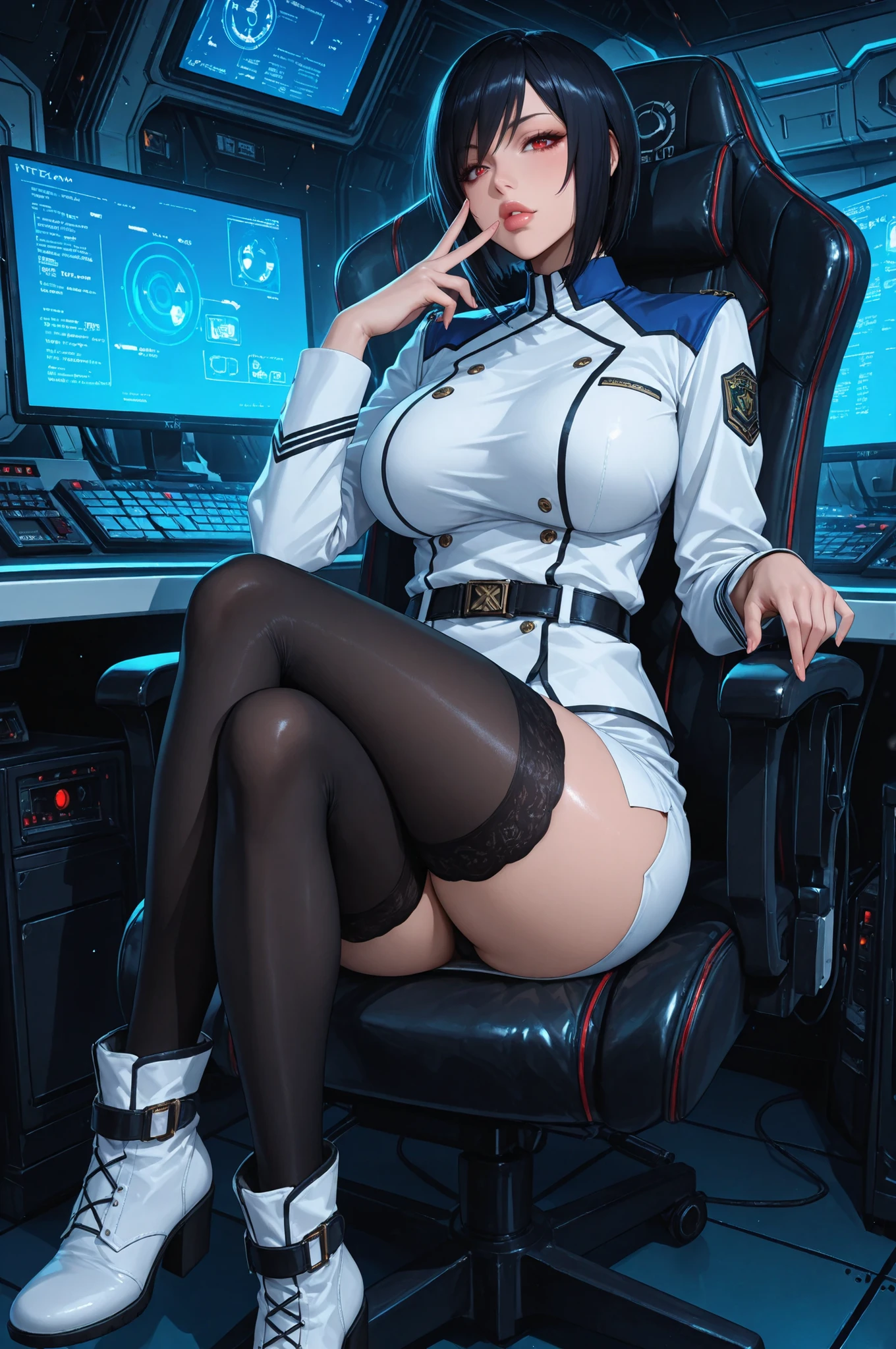 Naomi Evans, 1girl, solo, black hair, short hair, red eyes, bangs, thick lips, military uniform, white skirt, miniskirt, black thighhighs, ankle boots, detailed eyes, crossed legs, gesture, score_9, score_8_up, score_7_up, score_6_up, legs together, the girl is very beautiful, the girl has an incredibly beautiful face, big breasts, detailed skin image. The girl is sitting in a futuristic chair on the command deck of a spaceship, surrounded by control and navigation instruments, computers, and holographic interfaces. She is looking directly at the viewer. Proper lighting, proper shadows, extremely detailed CG unity 8k wallpaper, perfect lighting, colorful, ultra-high resolution, detailed background, masterpiece, best quality, good quality, amazing quality, hyper-detailed, newest, very aesthetic, (masterpiece, detailed:1.2)