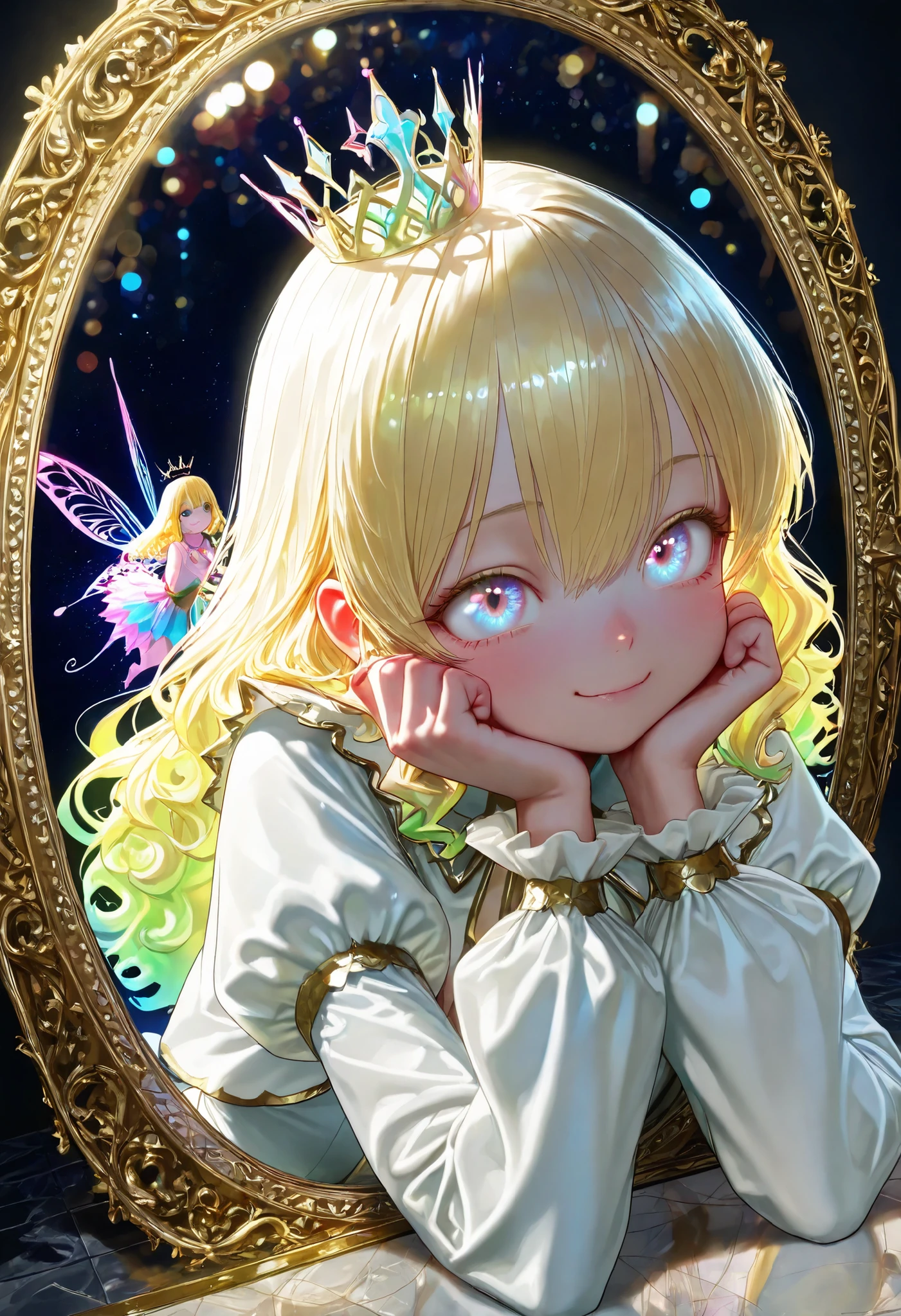 Young Woman Seated in a Crystal Chair,Graceful Posture,Strange Expression Reflected in the Mirror,A demon is peeking out of a mirror、magic palace ,Mysterious Atmosphere,the moon floating in the night sky,glittering decoration,Gorgeous Costumes,beautiful eyes,Blonde,mystical landscape,crystal floor,Moonlit Room,Delicate Pillars,precise texture,4k texture,Ultra High Definition,Realistic,taken by experts、Photorealistic, Brilliant Colors ,bokeh effect, The Bewitching Mirror Fairy,Delicate Face,dreamy eyes,supple posture,Modest Smile,Chiffon Outfit,Mysterious Brilliance,Dark Background,Mysterious Atmosphere,Magical and Fantasy Illustration,Realisticな質感,Delicate brushwork,HDR,Ultimate Details,EXCELLENT COLOR,Oil Paint