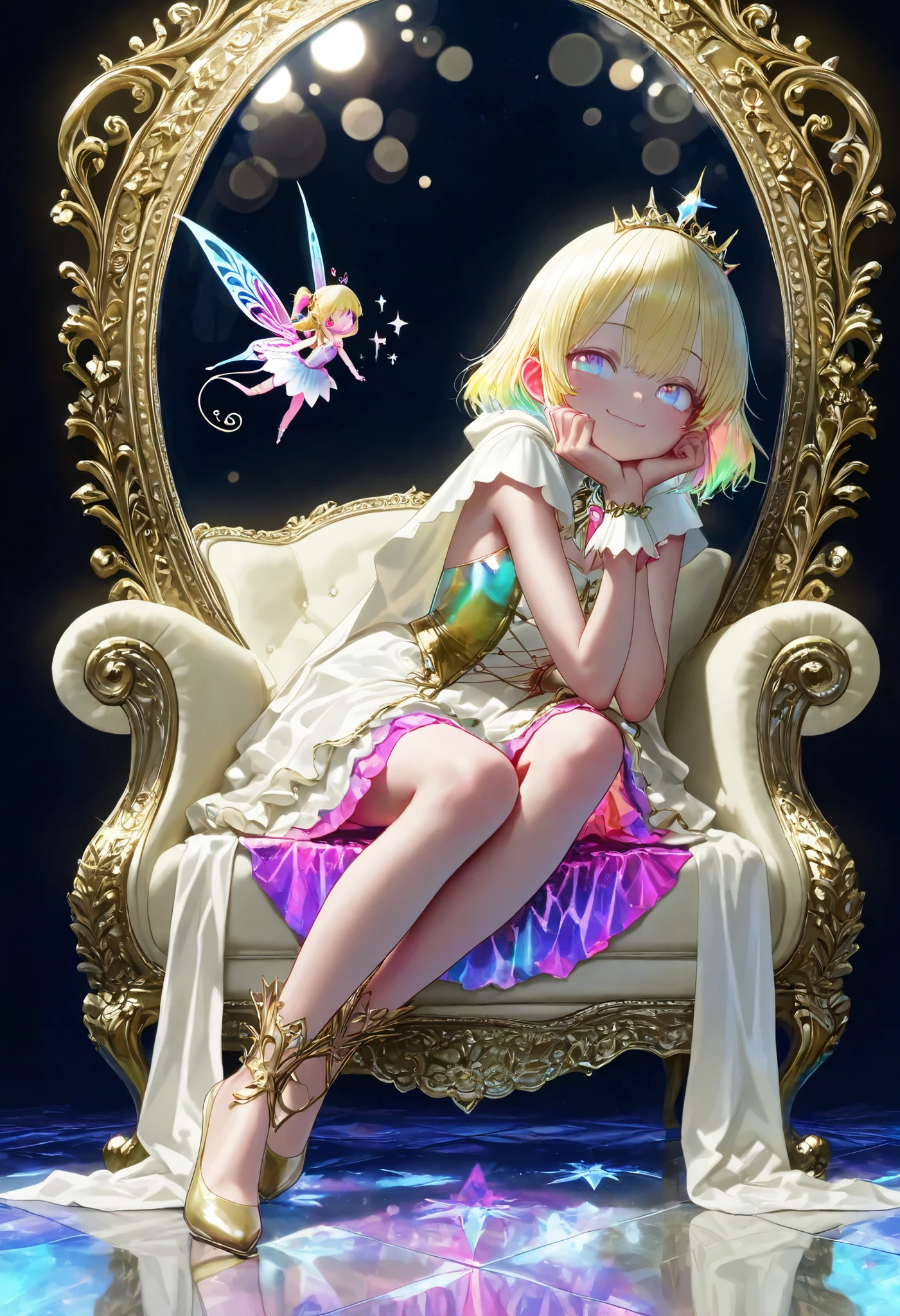 Young Woman Seated in a Crystal Chair,Graceful Posture,Strange Expression Reflected in the Mirror,A demon is peeking out of a mirror、magic palace ,Mysterious Atmosphere,the moon floating in the night sky,glittering decoration,Gorgeous Costumes,beautiful eyes,Blonde,mystical landscape,crystal floor,Moonlit Room,Delicate Pillars,precise texture,4k texture,Ultra High Definition,Realistic,taken by experts、Photorealistic, Brilliant Colors ,bokeh effect, The Bewitching Mirror Fairy,Delicate Face,dreamy eyes,supple posture,Modest Smile,Chiffon Outfit,Mysterious Brilliance,Dark Background,Mysterious Atmosphere,Magical and Fantasy Illustration,Realisticな質感,Delicate brushwork,HDR,Ultimate Details,EXCELLENT COLOR,Oil Paint