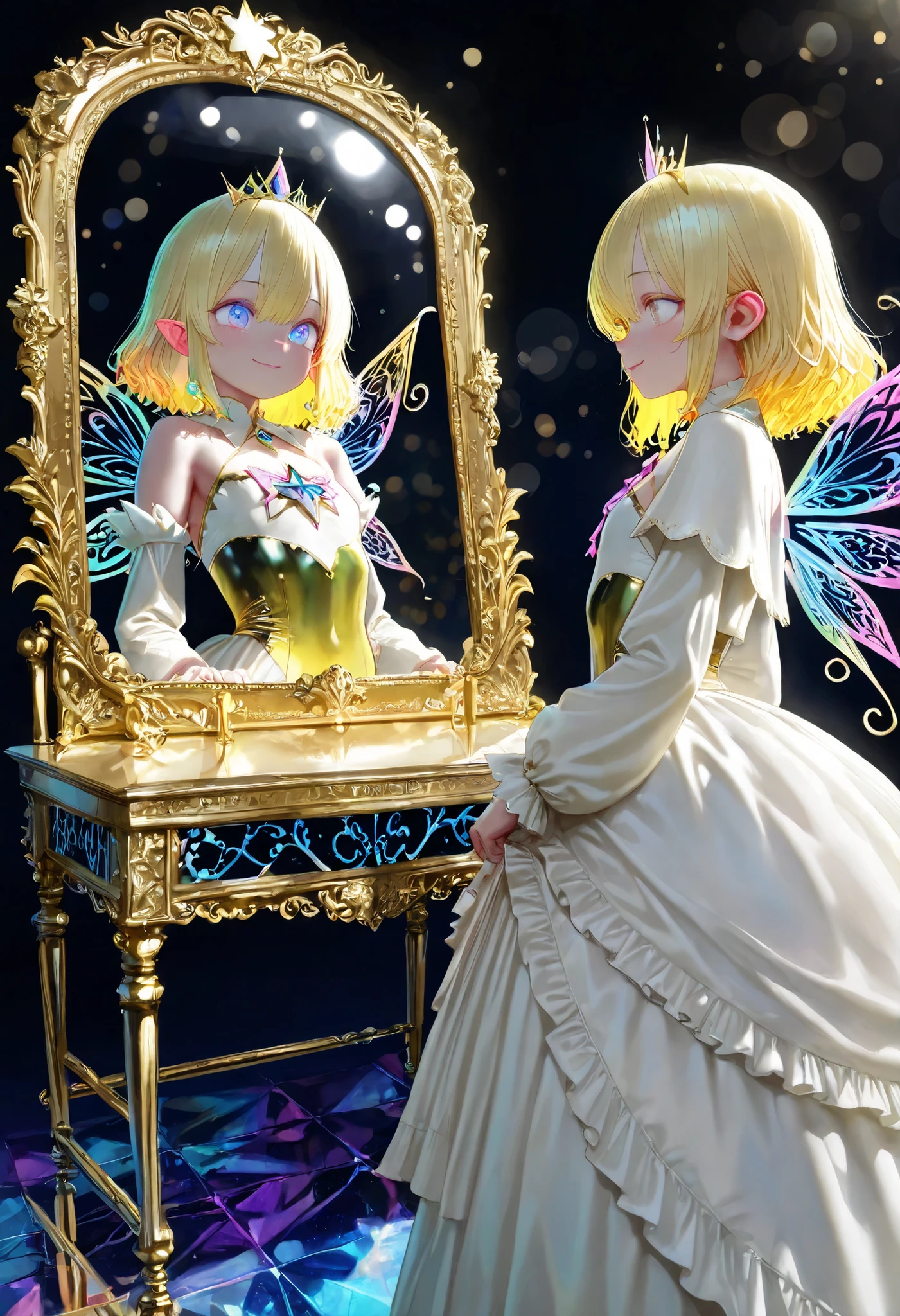 Young Woman Seated in a Crystal Chair,Graceful Posture,Strange Expression Reflected in the Mirror,A demon is peeking out of a mirror、magic palace ,Mysterious Atmosphere,the moon floating in the night sky,glittering decoration,Gorgeous Costumes,beautiful eyes,Blonde,mystical landscape,crystal floor,Moonlit Room,Delicate Pillars,precise texture,4k texture,Ultra High Definition,Realistic,taken by experts、Photorealistic, Brilliant Colors ,bokeh effect, The Bewitching Mirror Fairy,Delicate Face,dreamy eyes,supple posture,Modest Smile,Chiffon Outfit,Mysterious Brilliance,Dark Background,Mysterious Atmosphere,Magical and Fantasy Illustration,Realisticな質感,Delicate brushwork,HDR,Ultimate Details,EXCELLENT COLOR,Oil Paint