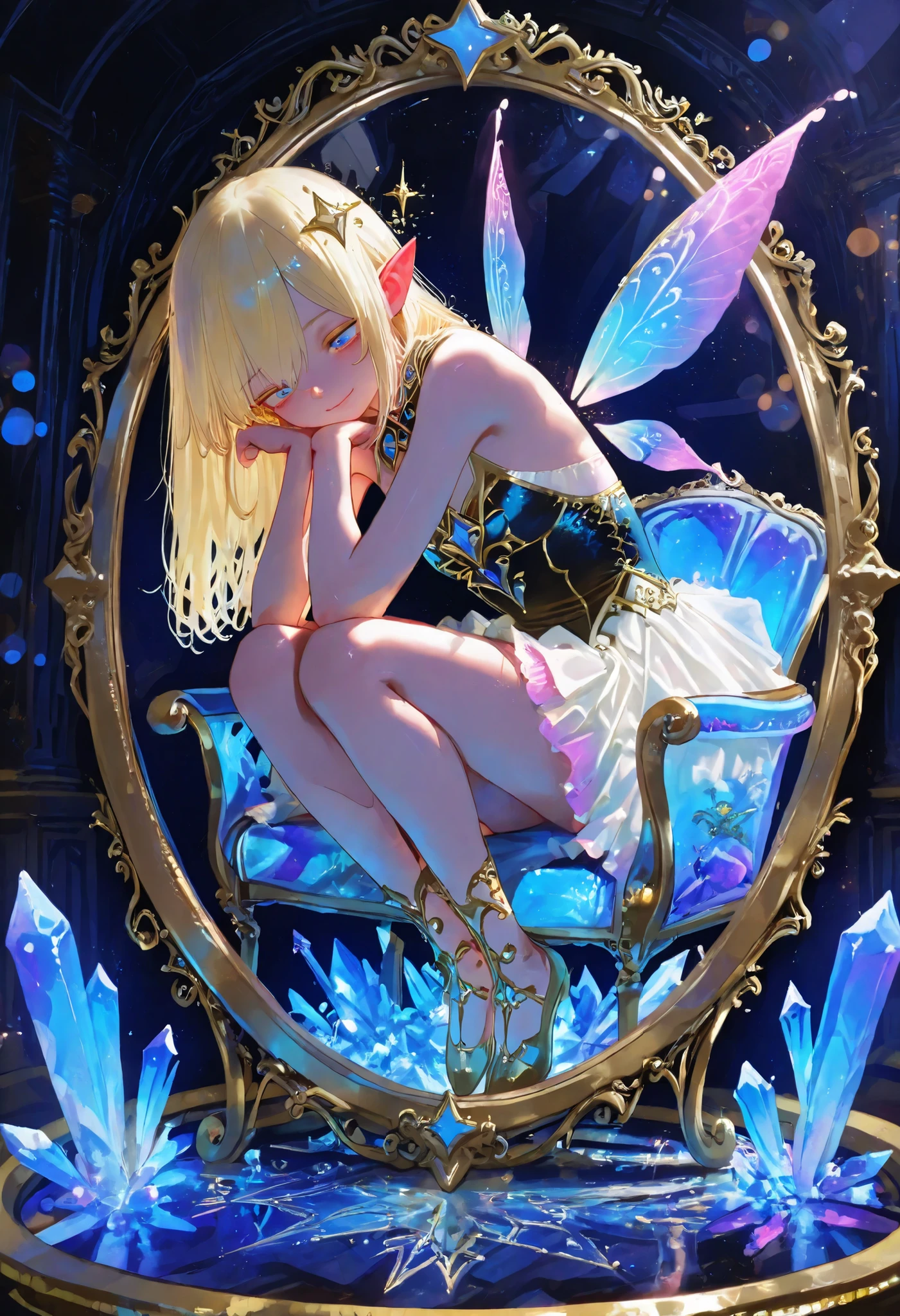 Young Woman Seated in a Crystal Chair,Graceful Posture,Strange Expression Reflected in the Mirror,A demon is peeking out of a mirror、magic palace ,Mysterious Atmosphere,the moon floating in the night sky,glittering decoration,Gorgeous Costumes,beautiful eyes,Blonde,mystical landscape,crystal floor,Moonlit Room,Delicate Pillars,precise texture,4k texture,Ultra High Definition,Realistic,taken by experts、Photorealistic, Brilliant Colors ,bokeh effect, The Bewitching Mirror Fairy,Delicate Face,dreamy eyes,supple posture,Modest Smile,Chiffon Outfit,Mysterious Brilliance,Dark Background,Mysterious Atmosphere,Magical and Fantasy Illustration,Realisticな質感,Delicate brushwork,HDR,Ultimate Details,EXCELLENT COLOR,Oil Paint
