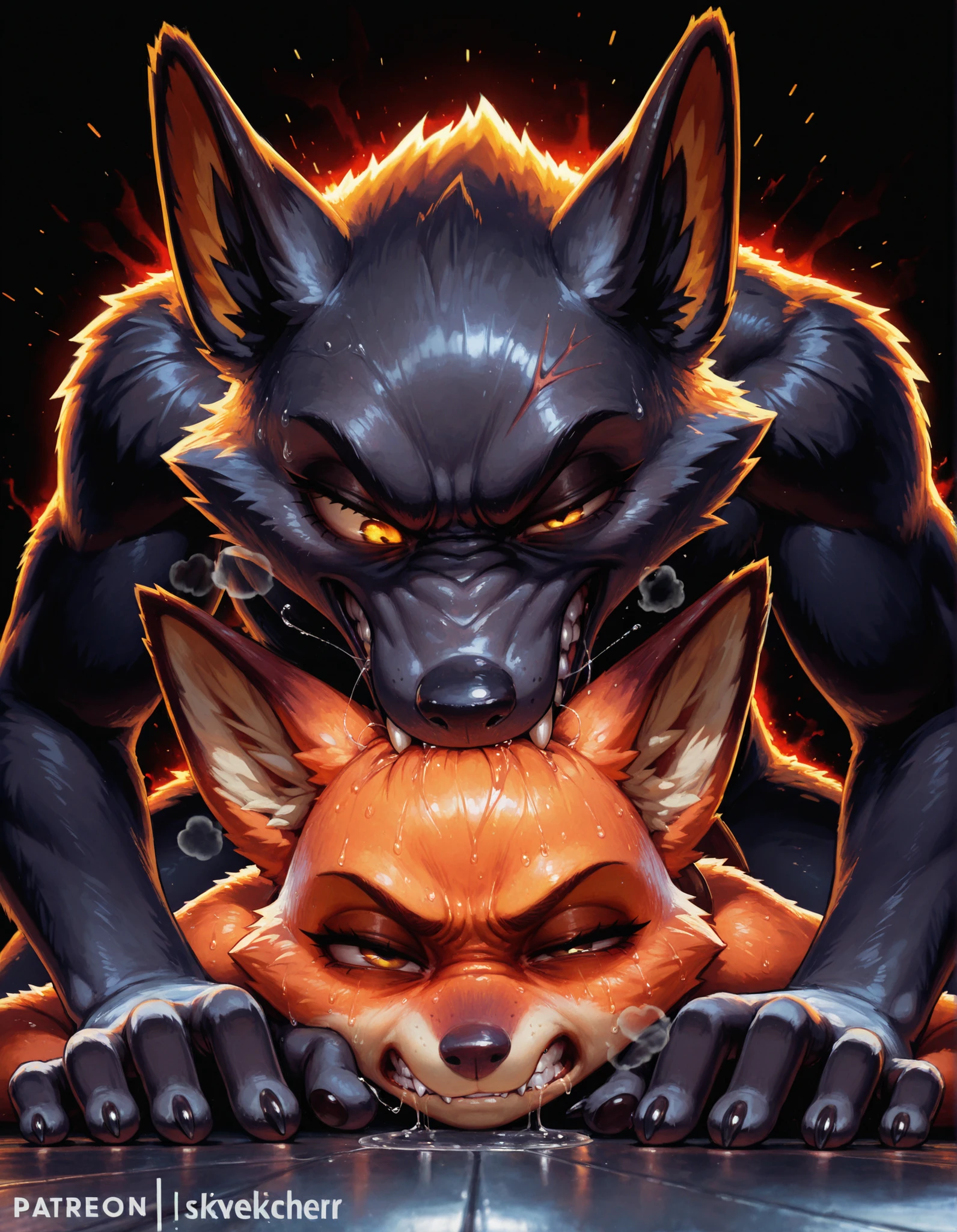 masterpiece, best quality, absurdres, highres, high quality, highly detailed, 1girl,
anthro, furry female, nick wilde, heavy breathing, saliva, saliva trail, saliva pool, fangs, angry, rage, furious, half-closed eye, v-shaped eyebrows, clenched teeth, shaded face, sweat, steam, face focus, zooming in, close-up, dynamic angle, dynamic pose, female focus, 1boy, dominant, grabbing another's head, black furs, furry, face down, on floor, black background, red-blue glow, contrast lighting, side lighting,
, no lineart, pixelsketcher,