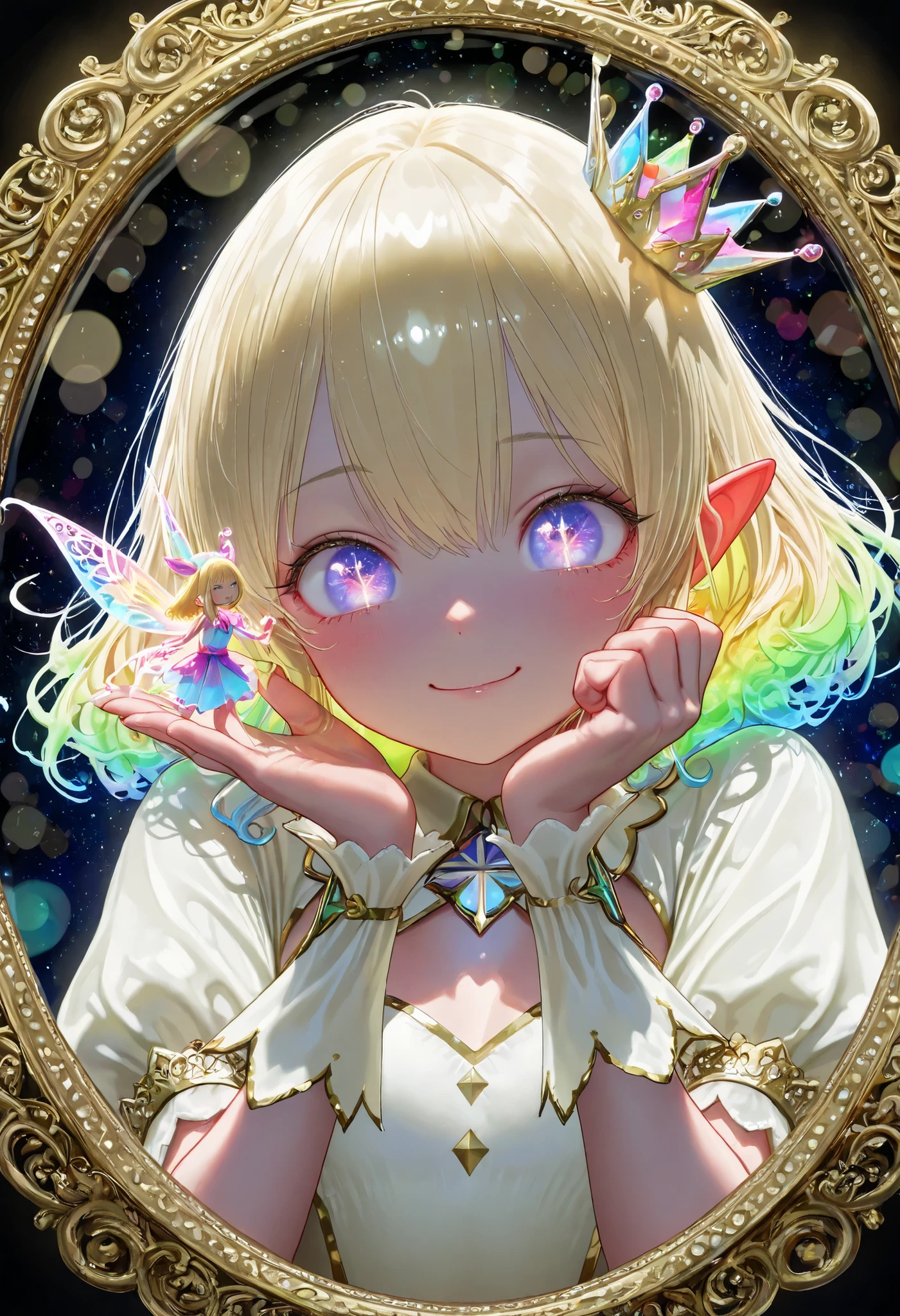 Young Woman Seated in a Crystal Chair,Graceful Posture,Strange Expression Reflected in the Mirror,A demon is peeking out of a mirror、magic palace ,Mysterious Atmosphere,the moon floating in the night sky,glittering decoration,Gorgeous Costumes,beautiful eyes,Blonde,mystical landscape,crystal floor,Moonlit Room,Delicate Pillars,precise texture,4k texture,Ultra High Definition,Realistic,taken by experts、Photorealistic, Brilliant Colors ,bokeh effect, The Bewitching Mirror Fairy,Delicate Face,dreamy eyes,supple posture,Modest Smile,Chiffon Outfit,Mysterious Brilliance,Dark Background,Mysterious Atmosphere,Magical and Fantasy Illustration,Realisticな質感,Delicate brushwork,HDR,Ultimate Details,EXCELLENT COLOR,Oil Paint