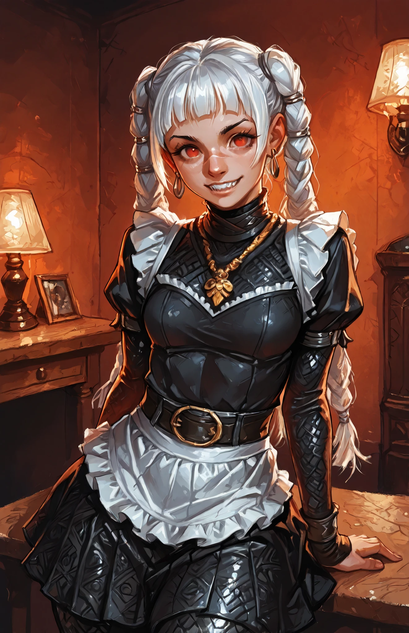 She looks like Elena from Street Fighter and has a horizontal scar across her nose. Inca girl with white dreadlocks with silver pearls, red eyes, slanted Asian eyes, sharp canine teeth, black eyeliner, athletic body. Slender and athletic. Cute, round and young face. White highlights in her hair. She wears a fine, shiny (intricate) snakeskin-leather Goth maid-dress with snakeskin-pattern, black leather bolero with belts, shiny ruffled black leather skirt with frills and with black vertical stripes. She also wears an amber necklace. She has a small smile on her face. Atmospheric lighting. Looking at the viewer. Background: Spanish villa, hdr colours, oil painting, semi-realistic