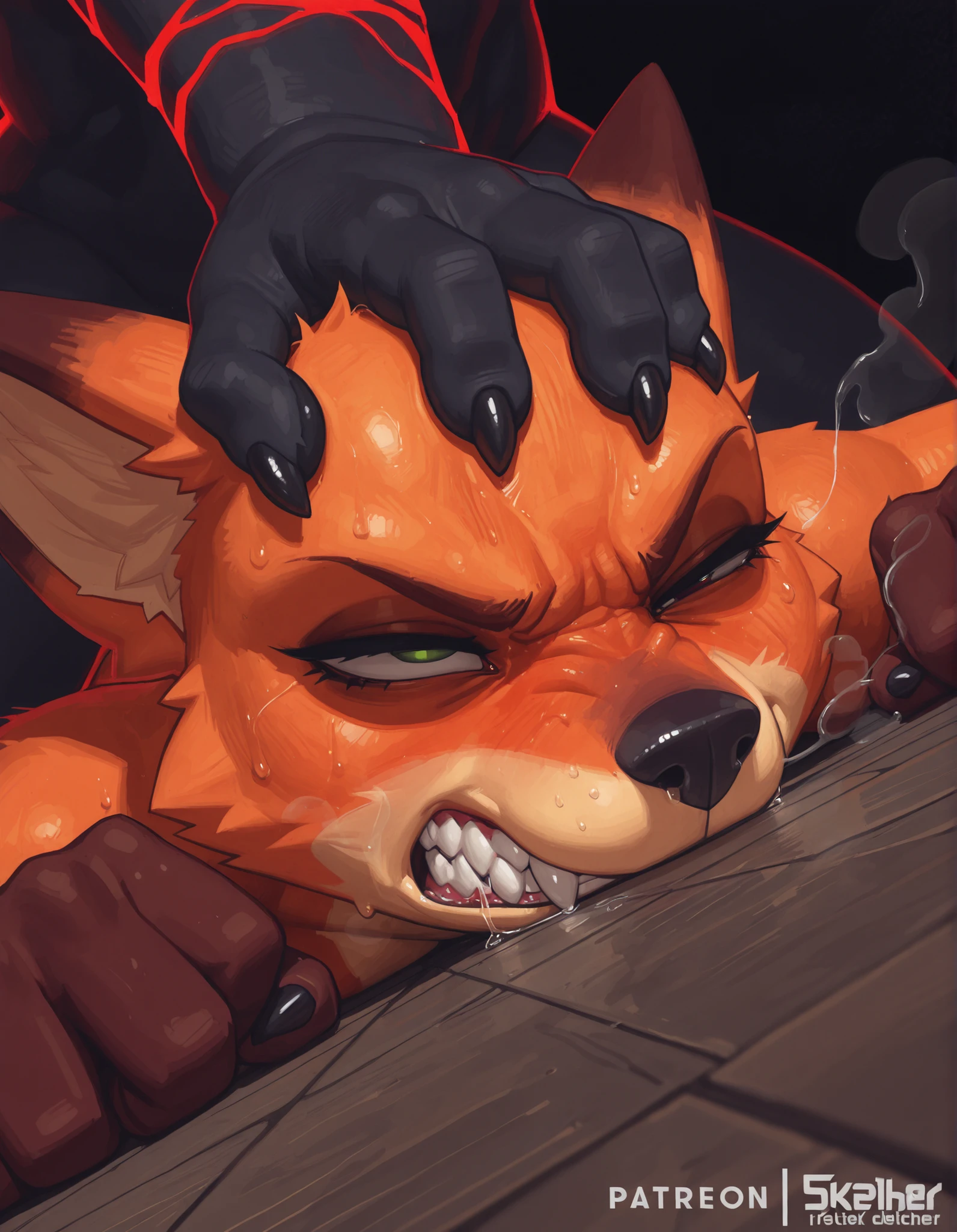 masterpiece, best quality, absurdres, highres, high quality, highly detailed, 1girl,
anthro, furry female, nick wilde, heavy breathing, saliva, saliva trail, saliva pool, fangs, angry, rage, furious, half-closed eye, v-shaped eyebrows, clenched teeth, shaded face, sweat, steam, face focus, zooming in, close-up, dynamic angle, dynamic pose, female focus, 1boy, dominant, grabbing another's head, black furs, furry, face down, on floor, black background, red-blue glow, contrast lighting, side lighting,
, no lineart, pixelsketcher,