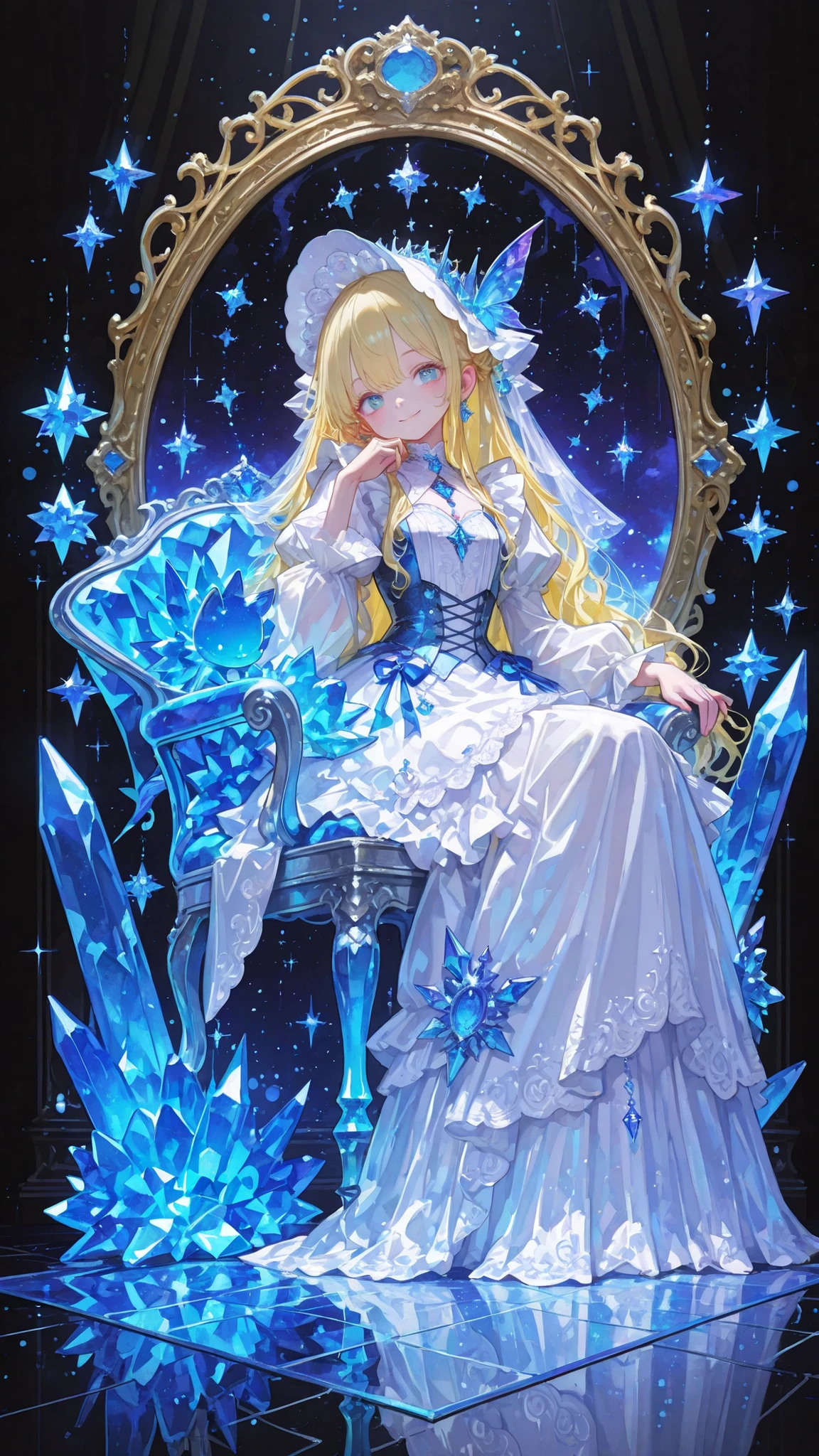 Young Woman Seated in a Crystal Chair,Graceful Posture,Strange Expression Reflected in the Mirror,A demon is peeking out of a mirror、magic palace ,Mysterious Atmosphere,the moon floating in the night sky,glittering decoration,Gorgeous Costumes,beautiful eyes,Blonde,mystical landscape,crystal floor,Moonlit Room,Delicate Pillars,precise texture,4k texture,Ultra High Definition,Realistic,taken by experts、Photorealistic, Brilliant Colors ,bokeh effect, The Bewitching Mirror Fairy,Delicate Face,dreamy eyes,supple posture,Modest Smile,Chiffon Outfit,Mysterious Brilliance,Dark Background,Mysterious Atmosphere,Magical and Fantasy Illustration,Realisticな質感,Delicate brushwork,HDR,Ultimate Details,EXCELLENT COLOR,Oil Paint