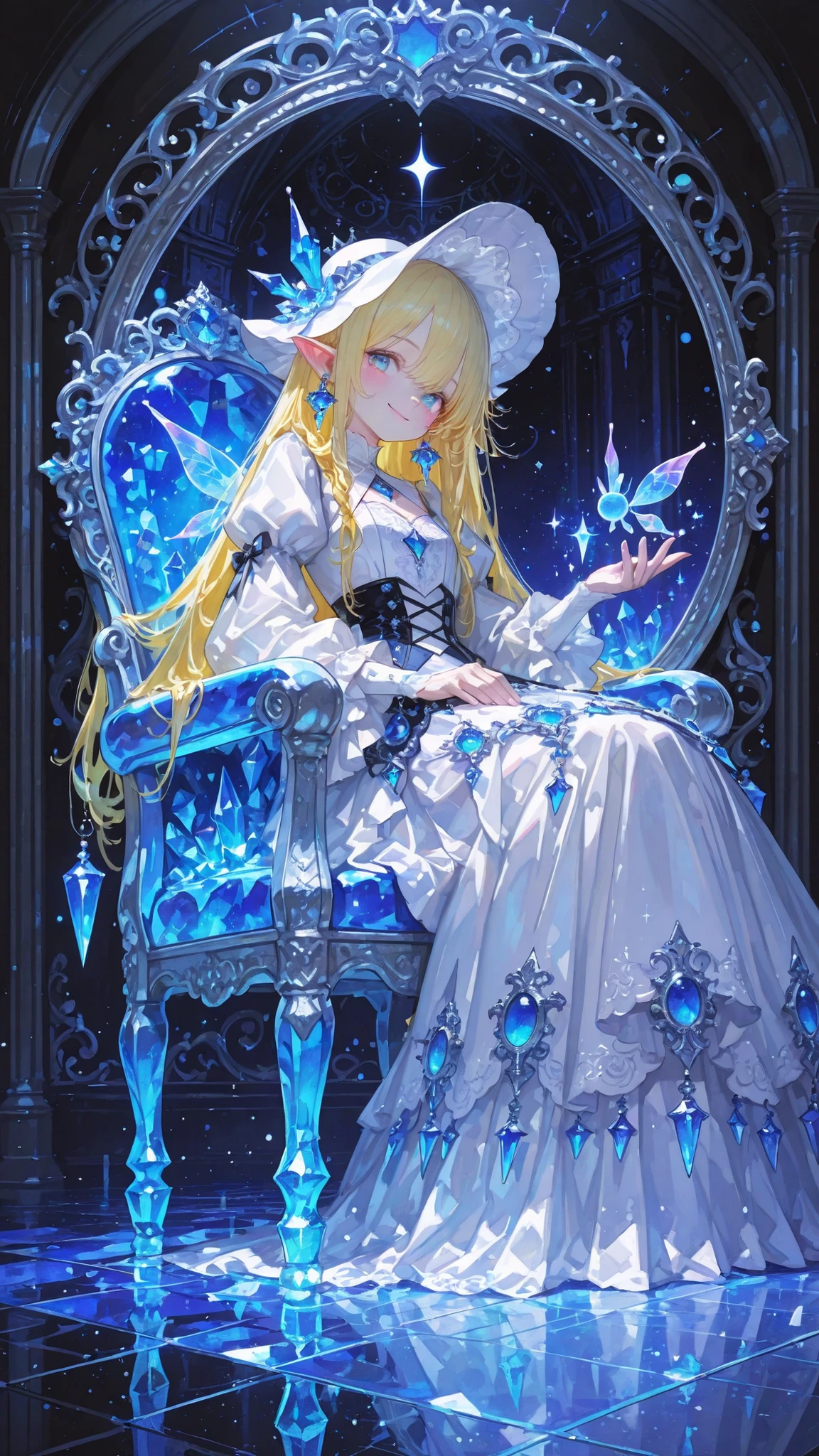Young Woman Seated in a Crystal Chair,Graceful Posture,Strange Expression Reflected in the Mirror,A demon is peeking out of a mirror、magic palace ,Mysterious Atmosphere,the moon floating in the night sky,glittering decoration,Gorgeous Costumes,beautiful eyes,Blonde,mystical landscape,crystal floor,Moonlit Room,Delicate Pillars,precise texture,4k texture,Ultra High Definition,Realistic,taken by experts、Photorealistic, Brilliant Colors ,bokeh effect, The Bewitching Mirror Fairy,Delicate Face,dreamy eyes,supple posture,Modest Smile,Chiffon Outfit,Mysterious Brilliance,Dark Background,Mysterious Atmosphere,Magical and Fantasy Illustration,Realisticな質感,Delicate brushwork,HDR,Ultimate Details,EXCELLENT COLOR,Oil Paint