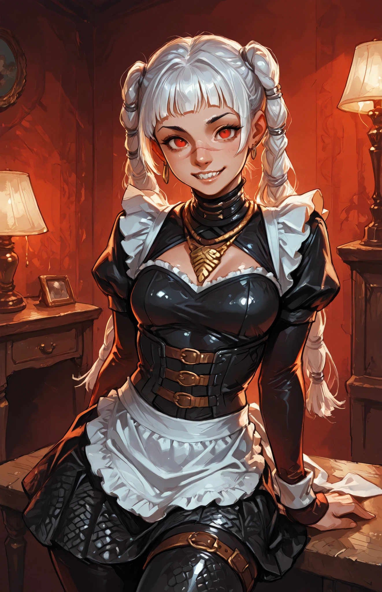 She looks like Elena from Street Fighter and has a horizontal scar across her nose. Inca girl with white dreadlocks with black highlights and silver pearls, red eyes, slanted Asian eyes, sharp canine teeth, black eyeliner, athletic body. Slender and athletic. Cute, round and young face. White highlights in her hair. She wears a fine (intricate) snakeskin-leather Goth maid-dress with snakeskin-pattern, red latex bolero snakeskin-pattern with belts, white apron, shiny ruffled black latex skirt with frills and with black vertical stripes and corset with belts. She also wears an amber necklace. She has a small smile on her face. Atmospheric lighting. Looking at the viewer. Background: Spanish villa, hdr colours, oil painting, semi-realistic