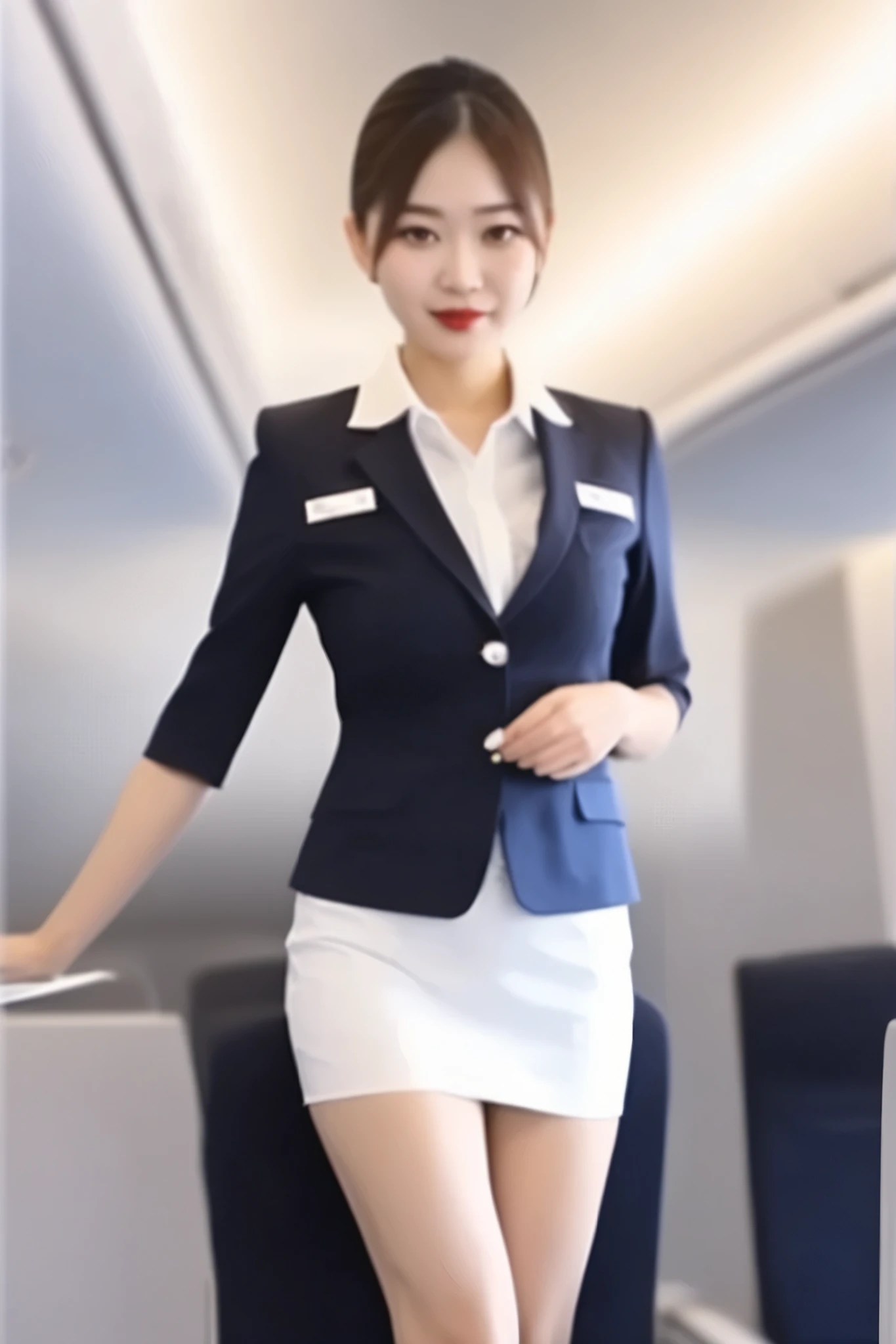 young female flight attendant is crouching、Mini Skirt、showing white panties、22-year-old CA、sexy、The crotch is clearly visible、