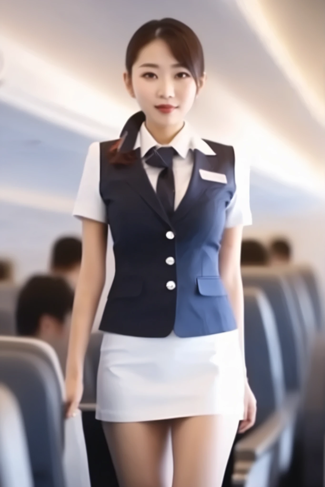 young female flight attendant is crouching、Mini Skirt、showing white panties、22-year-old CA、sexy、The  is clearly visible、