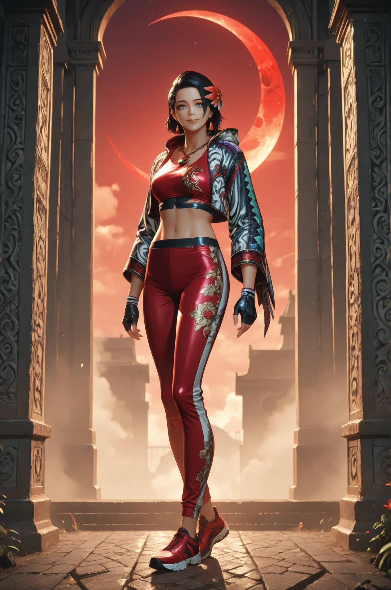 T8Azucena, 1girl, solo, black hair, short hair, blue eyes, hair ornament, eyesHD, high gradient eyes, detailed eyes, high definition eyes, jacket, red triangle earrings, black gloves, midriff, hair flower, fingerless gloves, necklace, a necklace with a multicolored crescent moon decoration, open jacket, red crop top, floral print, cropped jacket, hooded jacket, multicolored jacket, red pants, track pants, print jacket, red sneakers, full body view, the girl is very beautiful, the girl has an incredibly beautiful face, detailed skin image. The girl looking directly at the viewer. The girl is smiling sweetly. The girl is standing in front of an ancient Mayan ruin. It is a ruined temple made of stone. In the foreground, you can see engraved patterns on the stone surface, which add an air of antiquity and mystery. In the background, there are massive stone walls and towers that have been partially destroyed by time. The sky is clear with light clouds, and the weather is sunny. Proper lighting, proper shadows, extremely detailed CG unity 8k wallpaper, perfect lighting, colorful, ultra-high resolution, detailed background, masterpiece, best quality, vibrant, very aesthetic, high contrast, semrealistic, newest