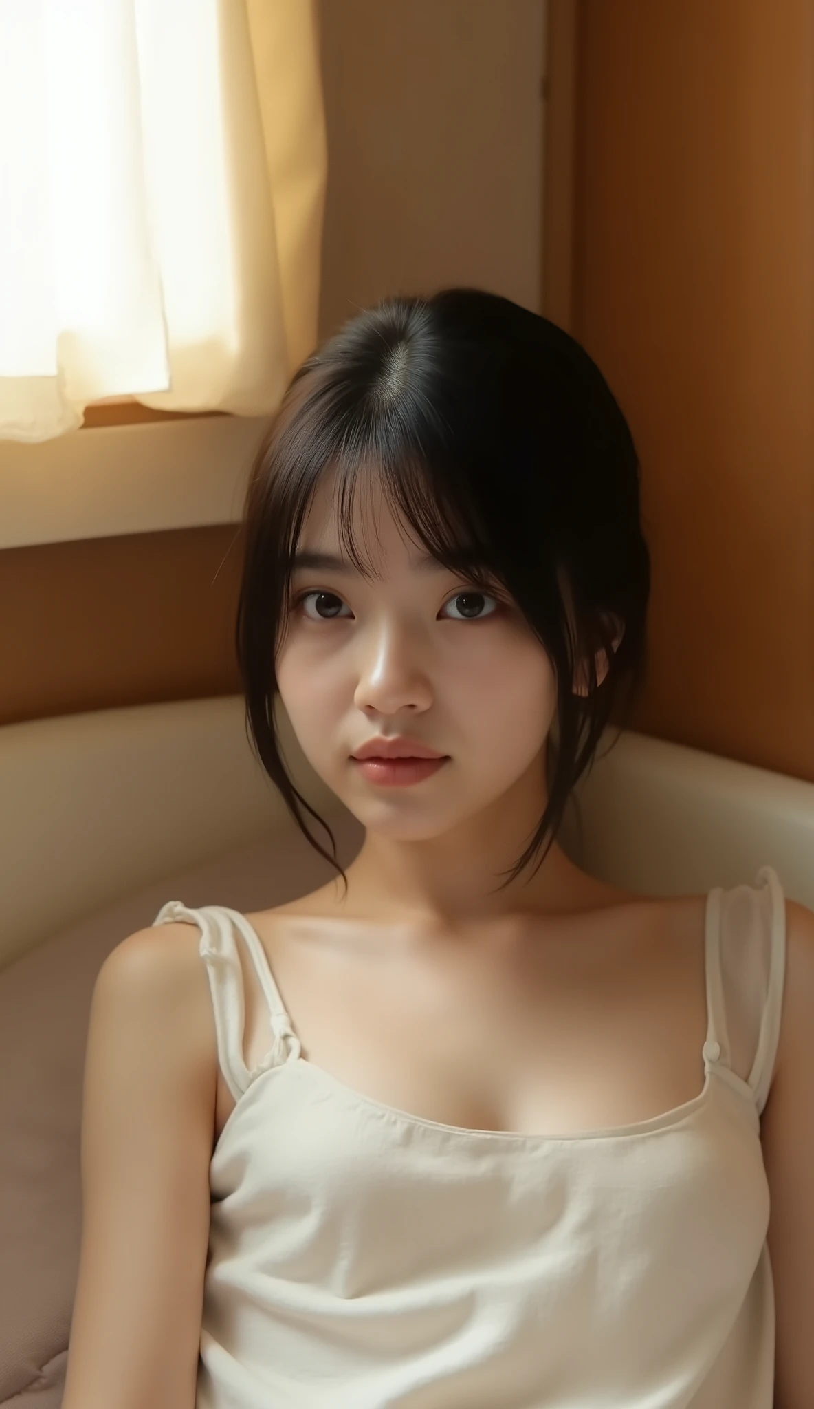 Use reference photos to mimic faces, ekspresi, dan karakter subjek. Create cinematic hyper-realistic portraits of a young woman, in a simple boarding room the size of 2x2 meters, with standard furniture such as a thin mattress, meja kecil, kipas angin, and hangers on the wall.
He lay supine on a mattress without a blanket, wearing a white cotton camisole, with a tired but calm and warm expression, as if you have just passed through an intense emotional moment.
Kamar gelap, but bright centered to the subject, Use soft artificial lighting from a small window, with a warm yellowish tone like afternoon light. Background The back features simple and realistic boarding room details. Focus on calm atmosphere, nyata, dan manusiawi, with depth of emotion, bukan sensualitas.