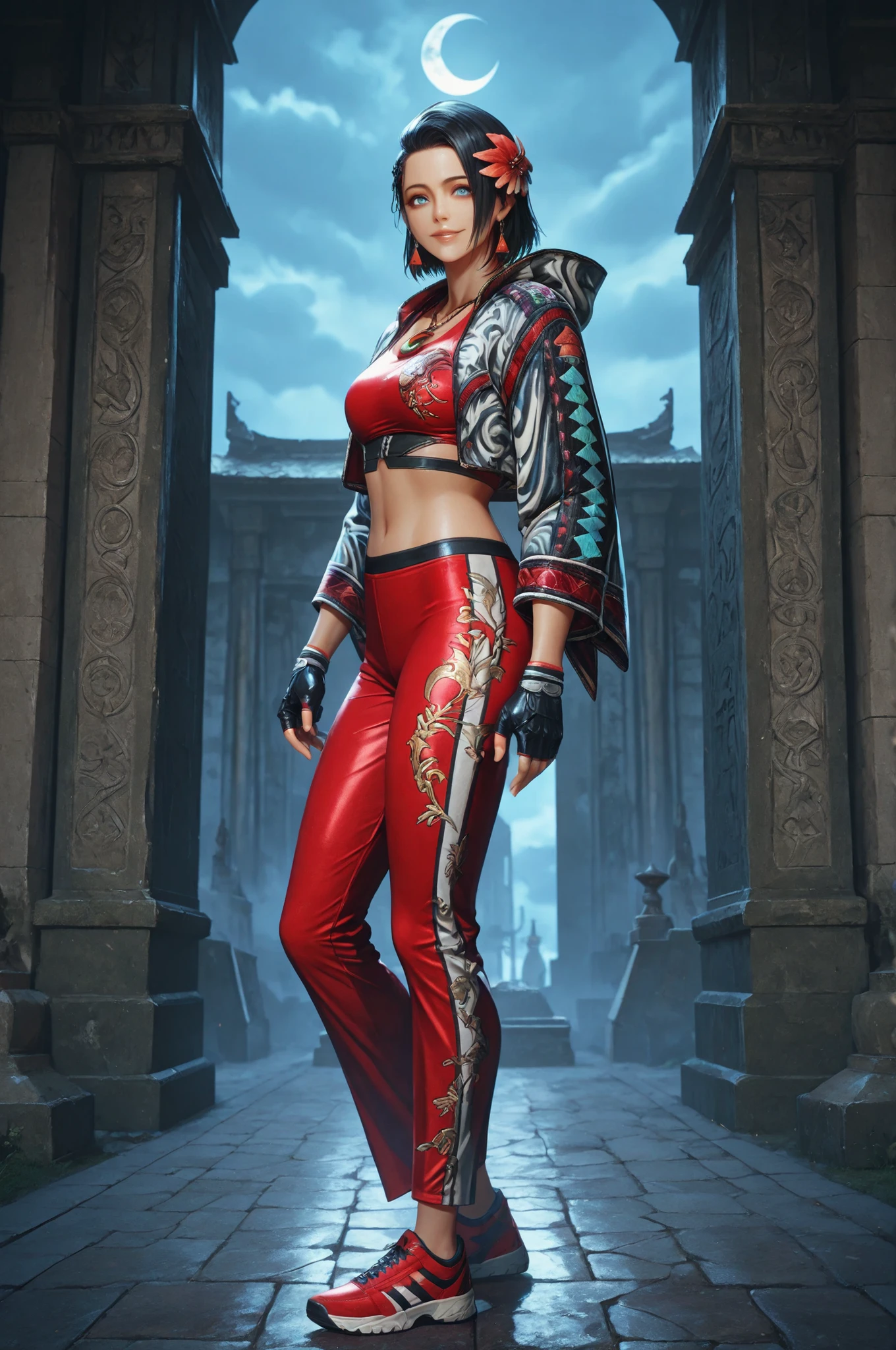 T8Azucena, 1girl, solo, black hair, short hair, blue eyes, hair ornament, eyesHD, high gradient eyes, detailed eyes, high definition eyes, jacket, red triangle earrings, black gloves, midriff, hair flower, fingerless gloves, necklace, a necklace with a multicolored crescent moon decoration, open jacket, red crop top, floral print, cropped jacket, hooded jacket, multicolored jacket, red pants, track pants, print jacket, red sneakers, full body view, the girl is very beautiful, the girl has an incredibly beautiful face, detailed skin image. The girl looking directly at the viewer. The girl is smiling sweetly. The girl is standing in front of an ancient Mayan ruin. It is a ruined temple made of stone. In the foreground, you can see engraved patterns on the stone surface, which add an air of antiquity and mystery. In the background, there are massive stone walls and towers that have been partially destroyed by time. The sky is clear with light clouds, and the weather is sunny. Proper lighting, proper shadows, extremely detailed CG unity 8k wallpaper, perfect lighting, colorful, ultra-high resolution, detailed background, masterpiece, best quality, vibrant, very aesthetic, high contrast, semrealistic, newest