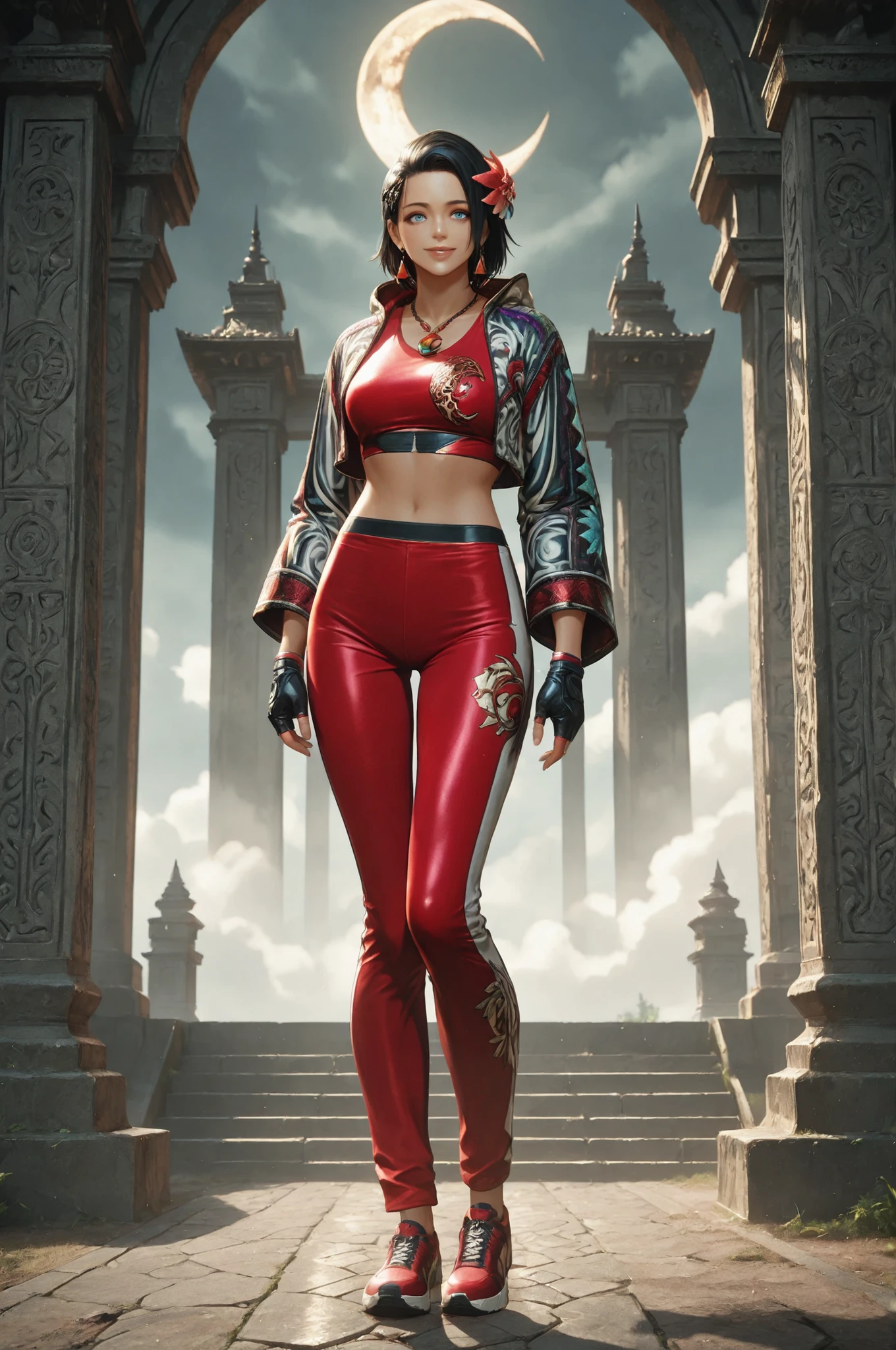 T8Azucena, 1girl, solo, black hair, short hair, blue eyes, hair ornament, eyesHD, high gradient eyes, detailed eyes, high definition eyes, jacket, red triangle earrings, black gloves, midriff, hair flower, fingerless gloves, necklace, a necklace with a multicolored crescent moon decoration, open jacket, red crop top, floral print, cropped jacket, hooded jacket, multicolored jacket, red pants, track pants, print jacket, red sneakers, full body view, the girl is very beautiful, the girl has an incredibly beautiful face, detailed skin image. The girl looking directly at the viewer. The girl is smiling sweetly. The girl is standing in front of an ancient Mayan ruin. It is a ruined temple made of stone. In the foreground, you can see engraved patterns on the stone surface, which add an air of antiquity and mystery. In the background, there are massive stone walls and towers that have been partially destroyed by time. The sky is clear with light clouds, and the weather is sunny. Proper lighting, proper shadows, extremely detailed CG unity 8k wallpaper, perfect lighting, colorful, ultra-high resolution, detailed background, masterpiece, best quality, vibrant, very aesthetic, high contrast, semrealistic, newest