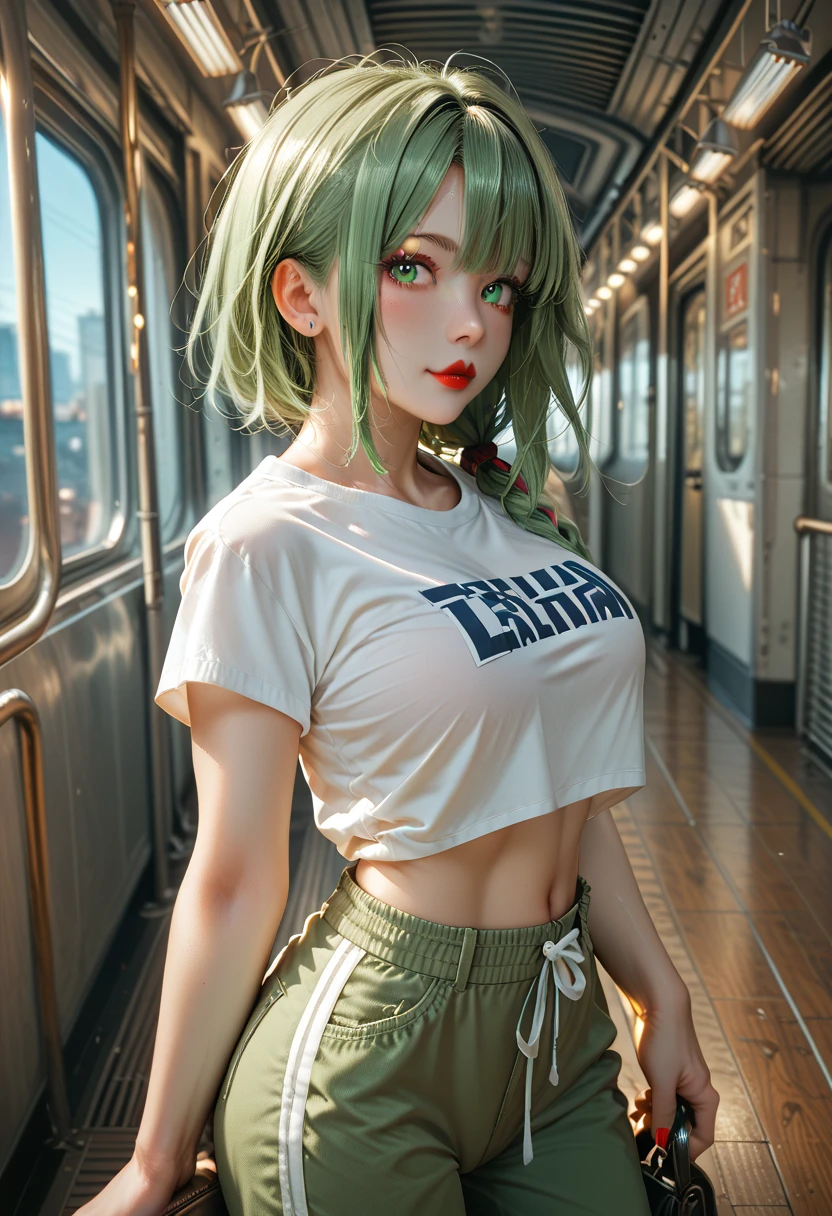 (Masterpiece, BestQuality:1.3), (ultra detailed:1.2), (hyperrealistic:1.3), (RAW photo:1.2), High detail RAW color photo, professional photograph, (Photorealistic:1.4), (realistic:1.4), professional lighting, perfect , (Big Breasts:1.2), (blush, detailed face), (cheerful Smile:1.5), Trending Hair&Trending Hairカラーをランダムに, earrings, necklace, bracelet, sexly,  sexly, Random sexy gravure poses, (A beautiful pink-haired woman wearing a green tank top and shorts、She is smiling and posing sexy while strolling through the old town in summer.。:1.3)