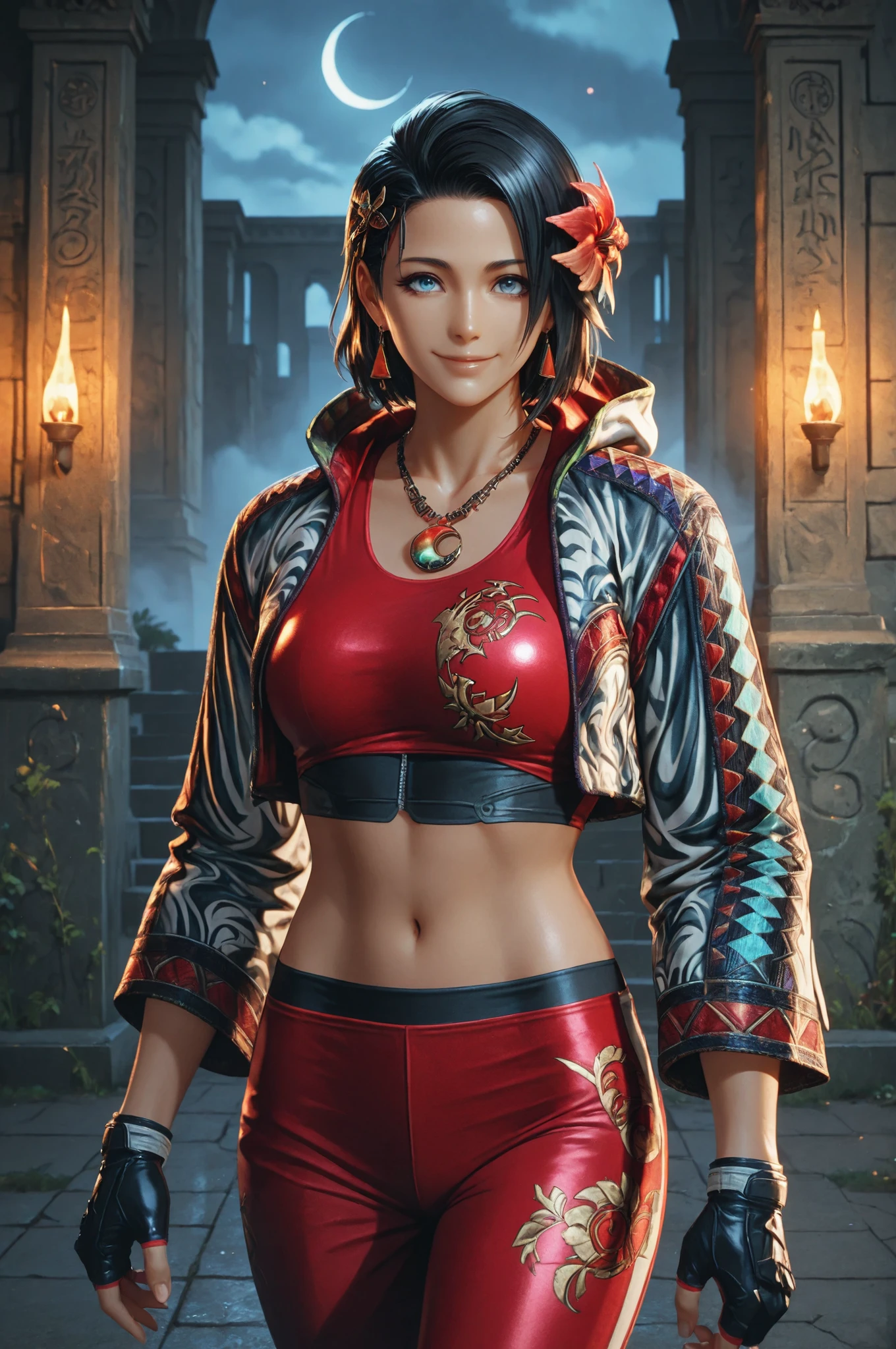 T8Azucena, 1girl, solo, black hair, short hair, blue eyes, hair ornament, eyesHD, high gradient eyes, detailed eyes, high definition eyes, jacket, red triangle earrings, black gloves, midriff, hair flower, fingerless gloves, necklace, a necklace with a multicolored crescent moon decoration, open jacket, red crop top, floral print, cropped jacket, hooded jacket, multicolored jacket, red pants, track pants, print jacket, red sneakers, upper body view, detailed portrait, the girl is very beautiful, the girl has an incredibly beautiful face, detailed skin image. The girl looking directly at the viewer. The girl is smiling sweetly. The girl is standing in front of an ancient Mayan ruin. It is a ruined temple made of stone. In the foreground, you can see engraved patterns on the stone surface, which add an air of antiquity and mystery. In the background, there are massive stone walls and towers that have been partially destroyed by time. The sky is clear with light clouds, and the weather is sunny. Proper lighting, proper shadows, extremely detailed CG unity 8k wallpaper, perfect lighting, colorful, ultra-high resolution, detailed background, masterpiece, best quality, vibrant, very aesthetic, high contrast, semrealistic, newest