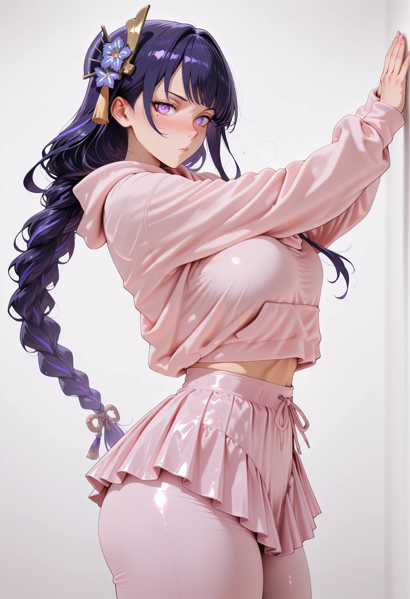 score_9, score_8_up, score_7_up, source_anime,
raidenshogun,
raiden shogun, braid, braided ponytail, hair flower, hair ornament, long hair, mole, mole under eye, purple eyes, purple flower, purple hair, single braid, sidelocks,
looking at viewer, looking at viewer, nice legs, legs, standing, solo, female, shiny skin, shiny hair, shiny body, clear body,,, digital illustration, cowboy shot ,,,, ,,, , ,,, large BREASTS, , looking at viewer, NOSE BLUSH,,, shiny skin, shiny hair, shiny body, clear body, , solo, STANDING, POSING, thick thighs, thighs, solo, standing, POSING, DYNAMIC POSE, WHITE BACKGROUND, EMPTY BACKGROUND, opaque clothes, large breasts, pink hoodie, pants under skirt, pink skirt, pink pants
